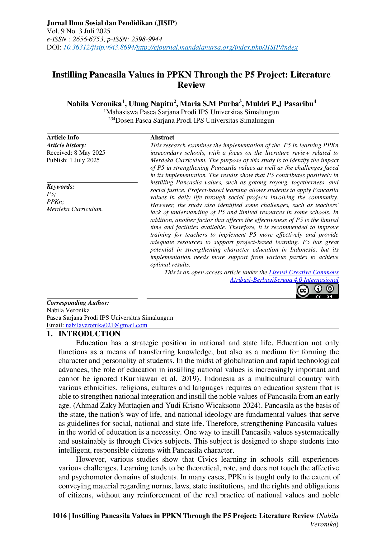 JURIS Instilling Pancasila Values in PPKN Through the P5 Project Literature Review