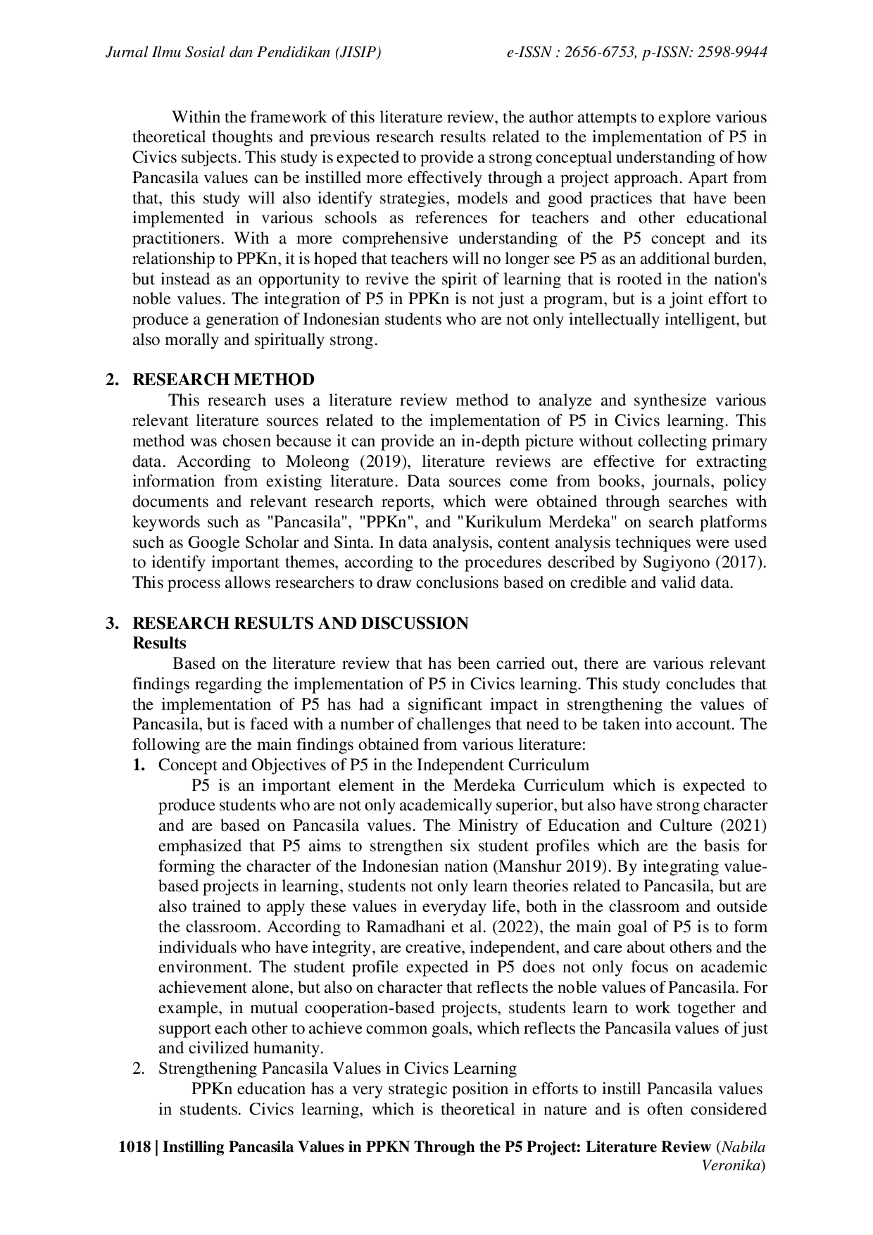 JURIS Instilling Pancasila Values in PPKN Through the P5 Project Literature Review