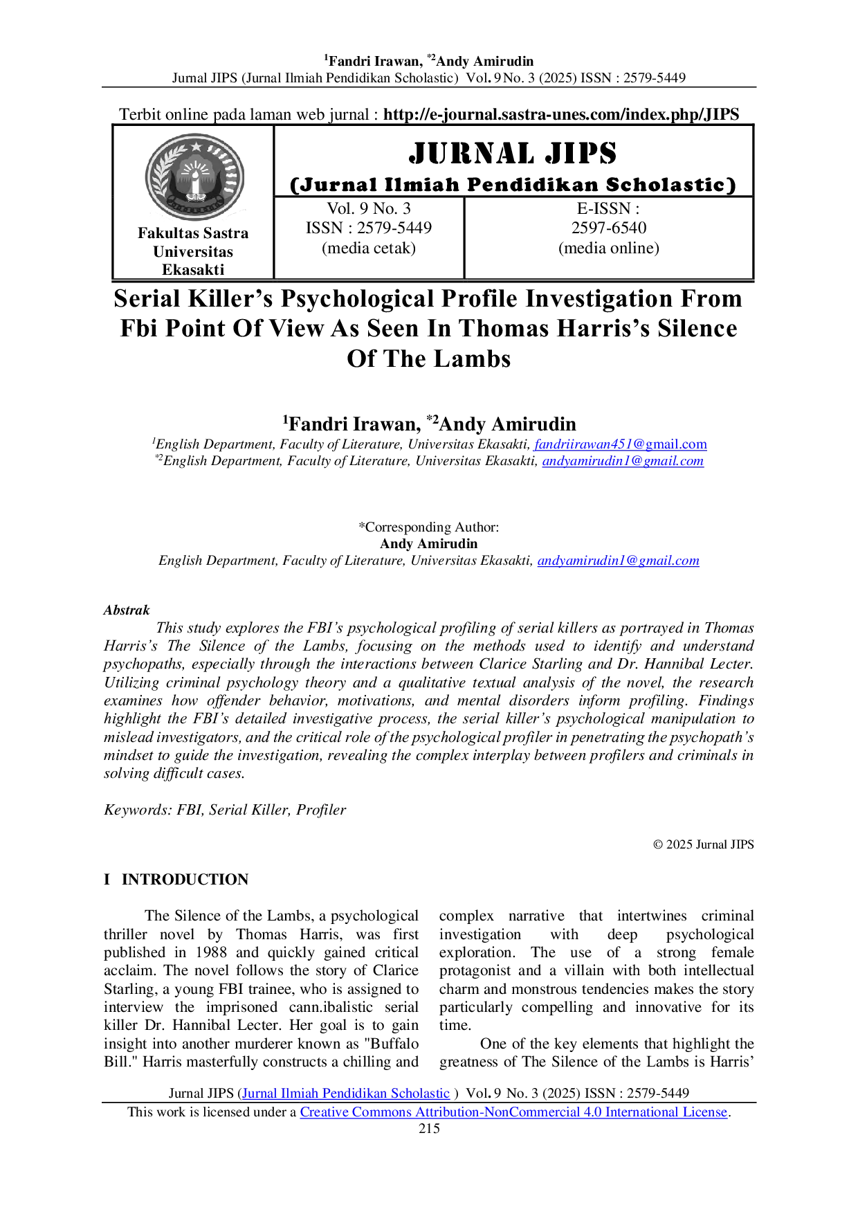 JURIS Serial Killer s Psychological Profile Investigation From Fbi Point Of View As Seen In Thomas Harris s Silence Of The Lambs