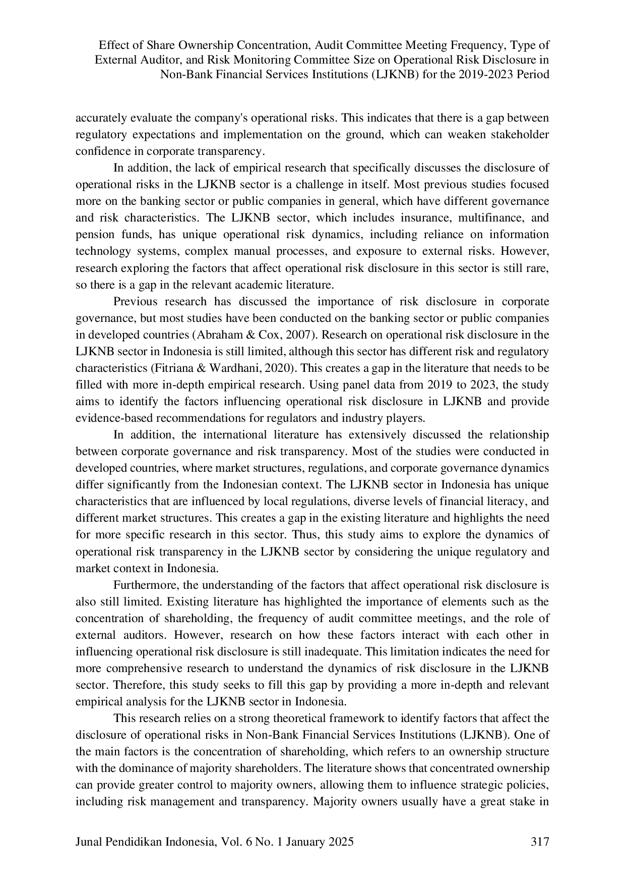 JURIS Effect of Share Ownership Concentration Audit Committee Meeting Frequency Type of External Auditor and Risk Monitoring Committee Size on Operational Risk Disclosure in Non Bank Financial Services I