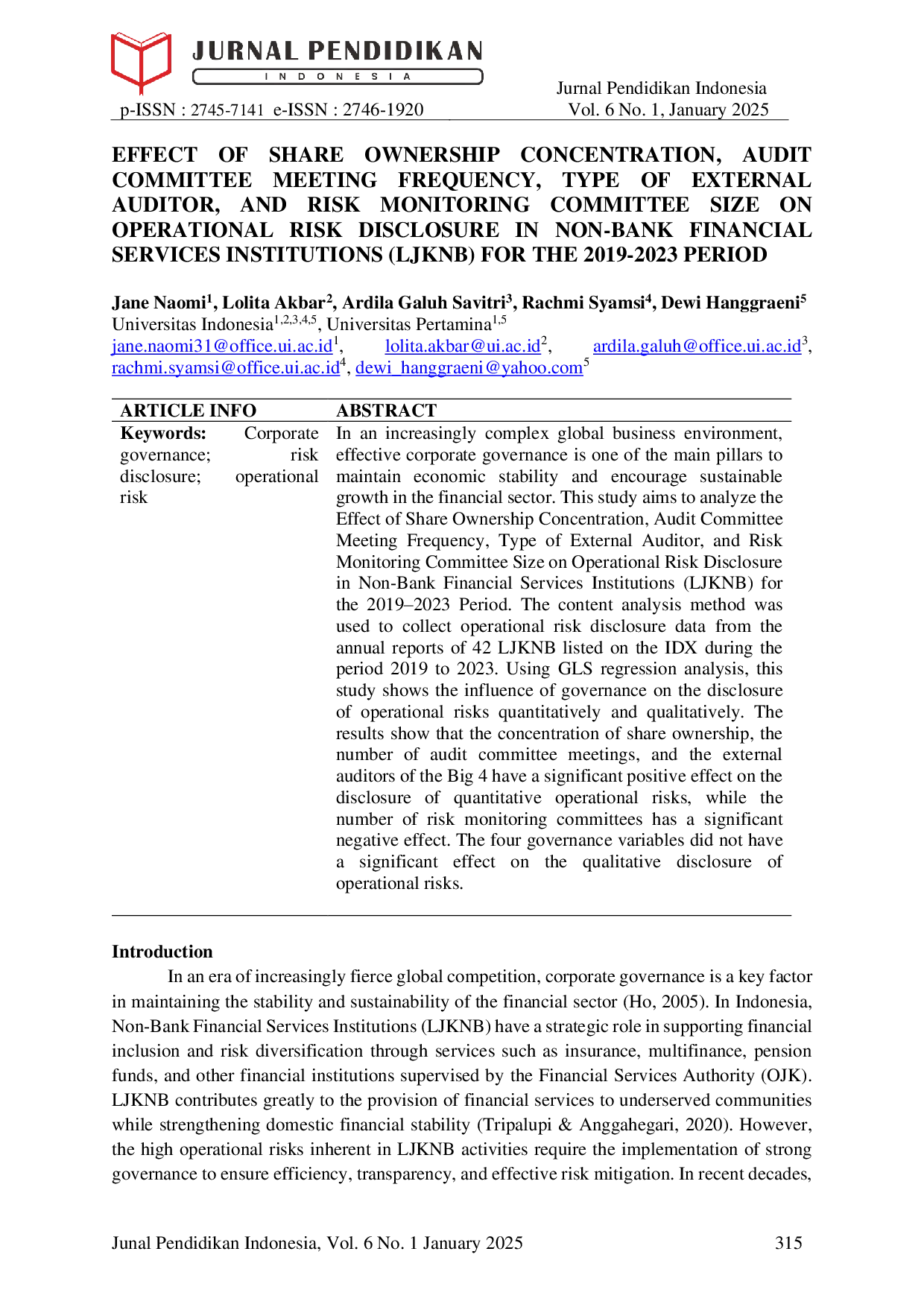 JURIS Effect of Share Ownership Concentration Audit Committee Meeting Frequency Type of External Auditor and Risk Monitoring Committee Size on Operational Risk Disclosure in Non Bank Financial Services I