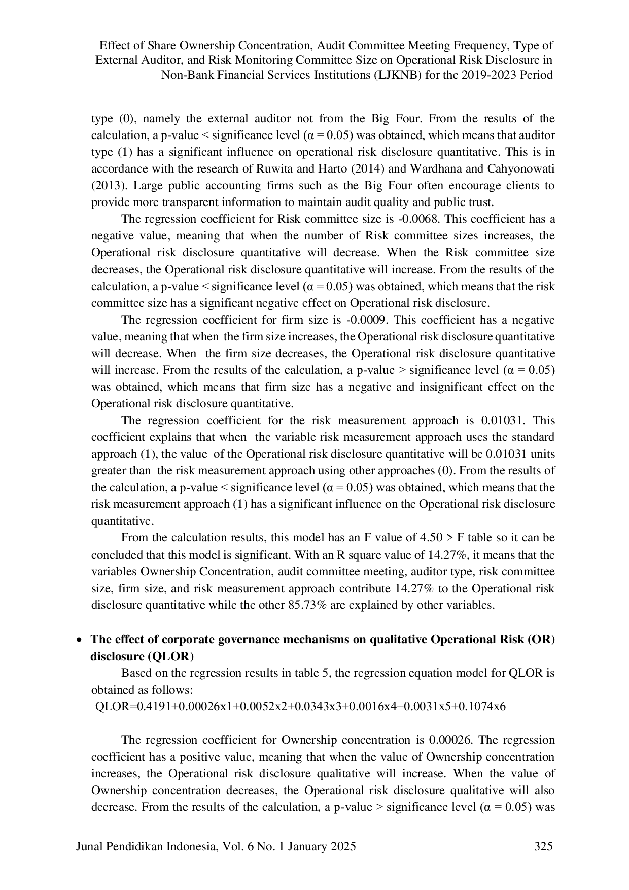 JURIS Effect of Share Ownership Concentration Audit Committee Meeting Frequency Type of External Auditor and Risk Monitoring Committee Size on Operational Risk Disclosure in Non Bank Financial Services I