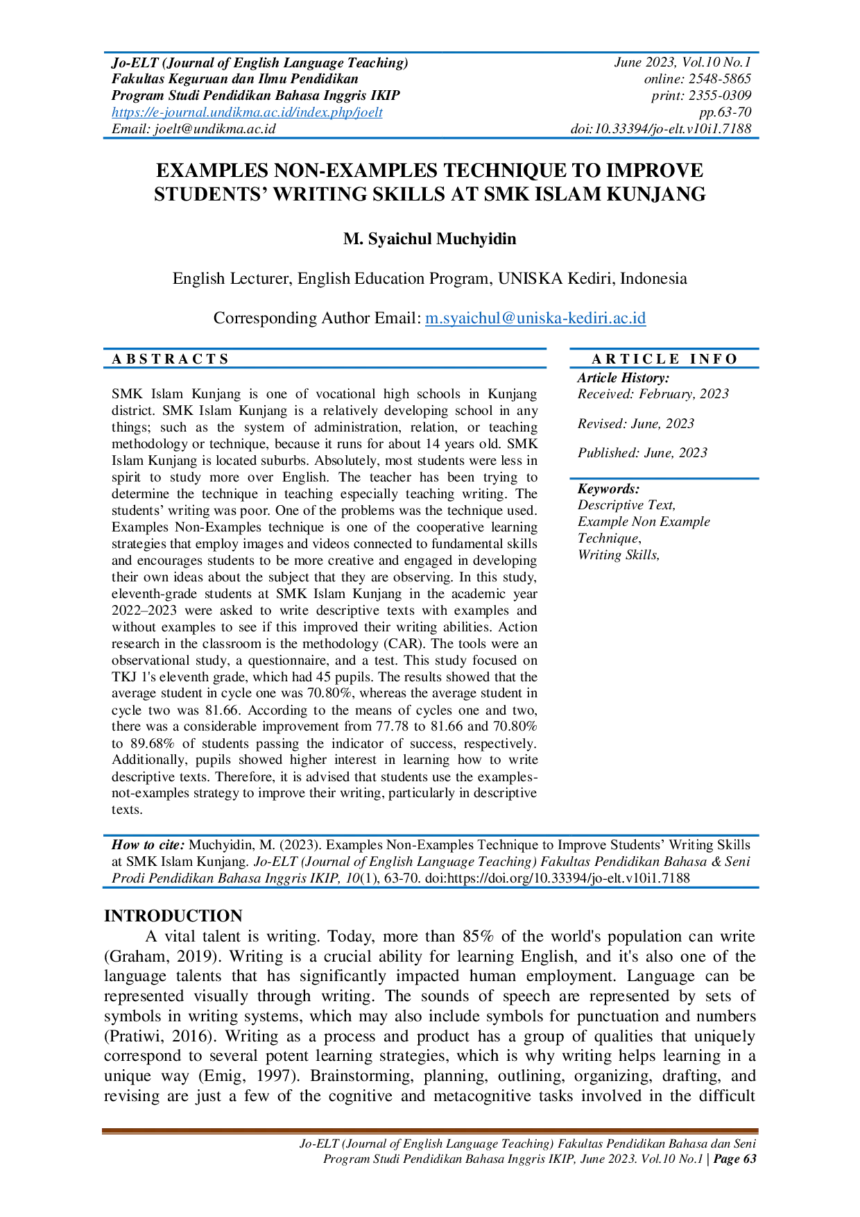 JURIS Examples Non Examples Technique to Improve Students Writing Skills at SMK Islam Kunjang