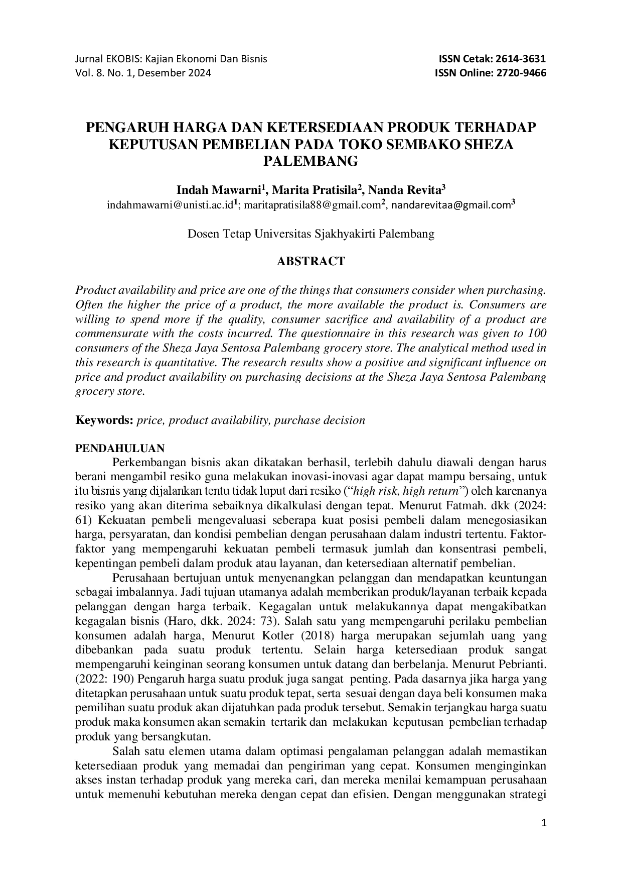 juris Pengaruh Harga Dan Ketersediaan Produk Terhadap Keputusan Pembelian Pada Toko Sembako Sheza Palembang