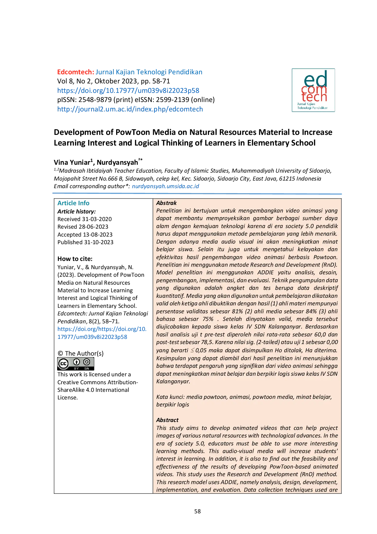 JURIS Development of Powtoon Media on Natural Resources Material to Increase Learning Interest and Logical Thinking of Learners in Elementary School