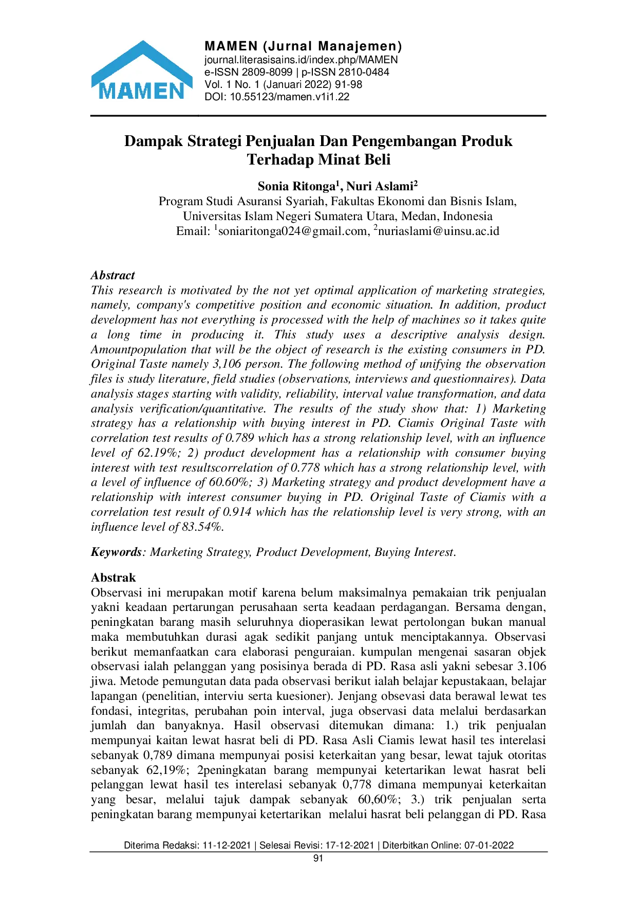 JURIS Dampak Strategi Penjualan Dan Pengembangan Produk Terhadap Minat Beli