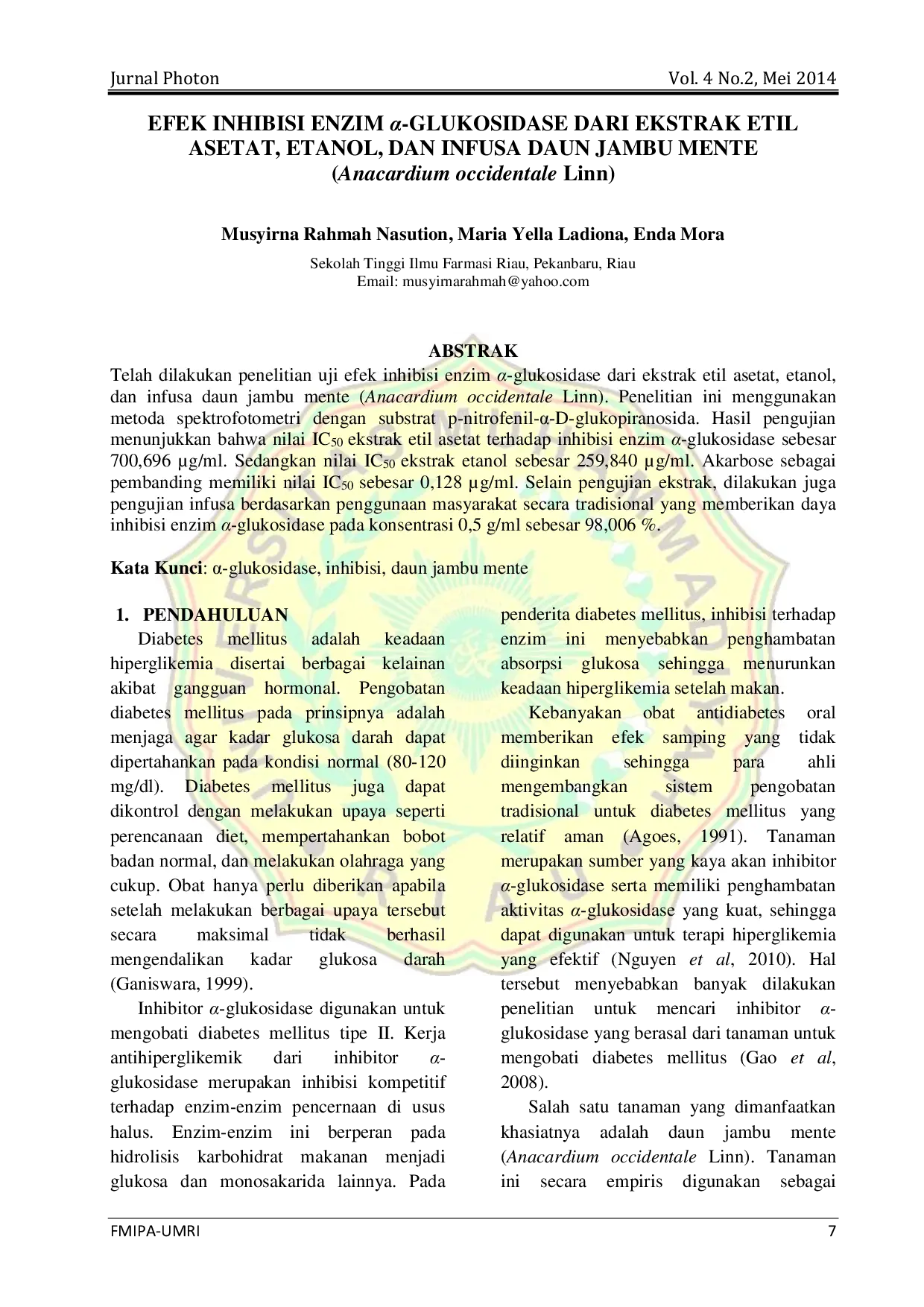 JURIS EFEK INHIBISI ENZIM GLUKOSIDASE DARI EKSTRAK ETIL ASETAT ETANOL DAN INFUSA DAUN JAMBU MENTE Anacardium occidentale Linn