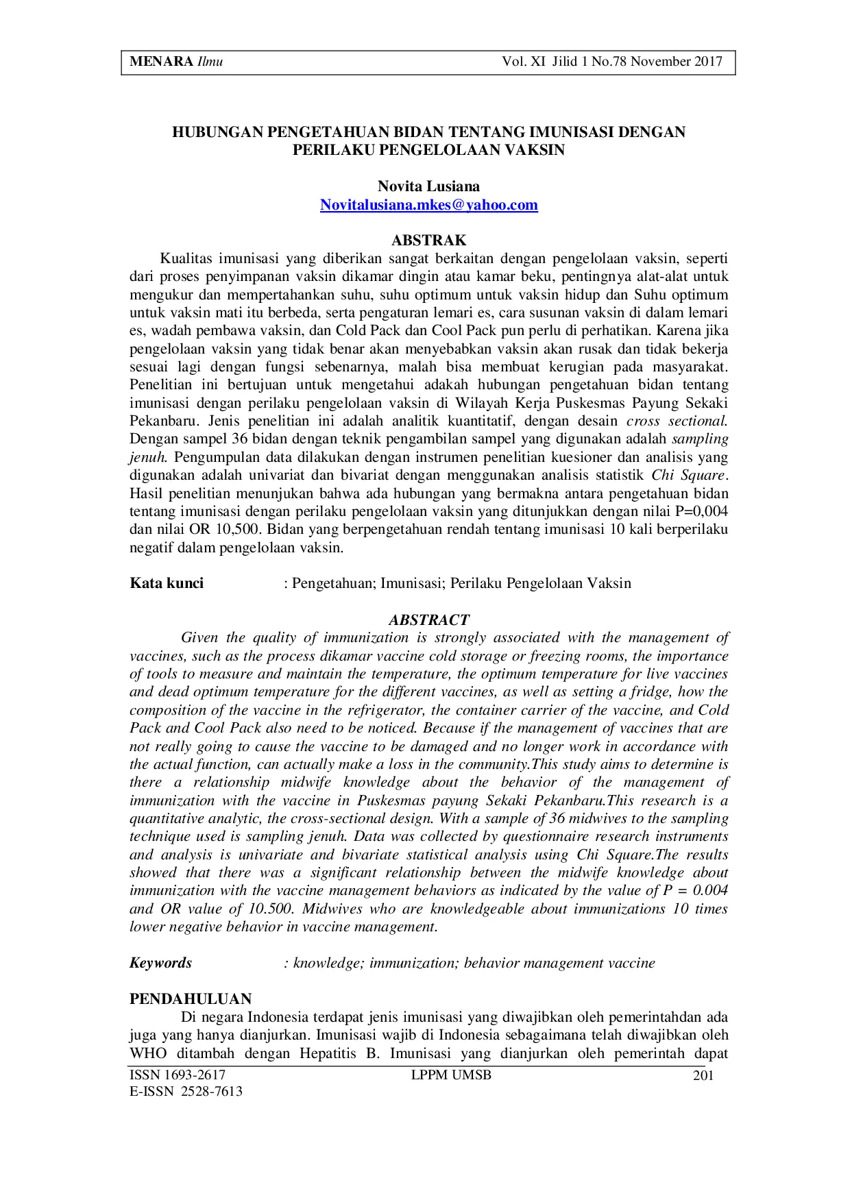 JURIS Hubungan Pengetahuan Bidan Tentang Imunisasi Dengan Perilaku Pengelolaan Vaksin