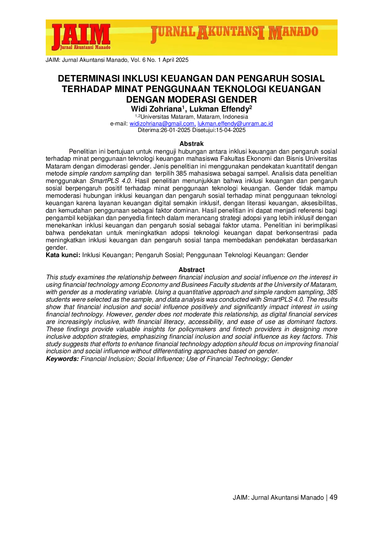 JURIS Determinasi Inklusi Keuangan Dan Pengaruh Sosial Terhadap Minat Penggunaan Teknologi Keuangan Dengan Moderasi Gender