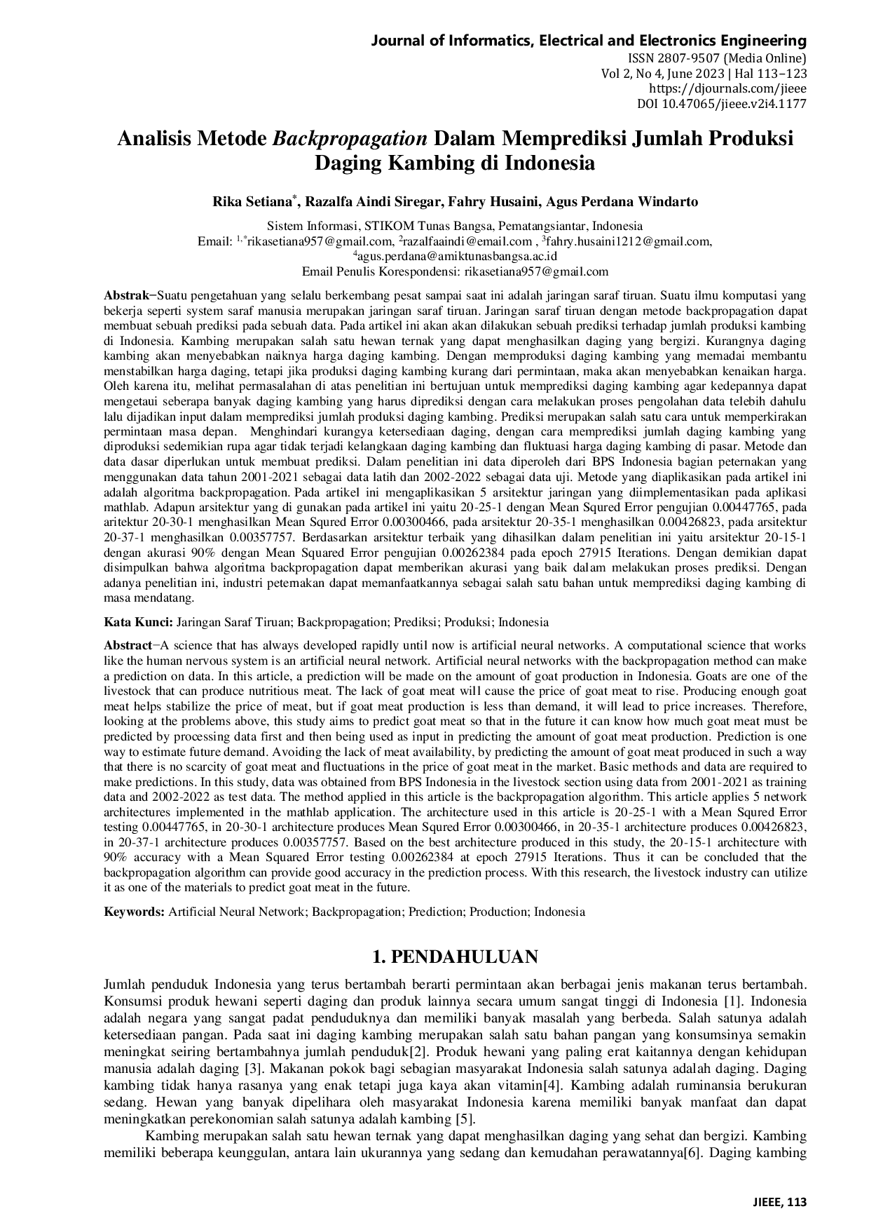 JURIS Analisis Metode Backpropagation Dalam Memprediksi Jumlah Produksi Daging Kambing di Indonesia