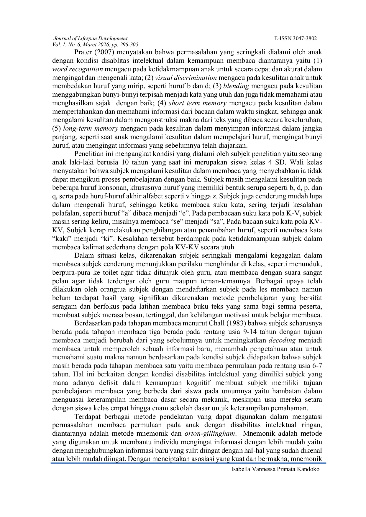 JURIS Metode Mnemonik dan Orton Gillingham untuk Meningkatkan Kemampuan Membaca Permulaan Anak Disabilitas Intelektual
