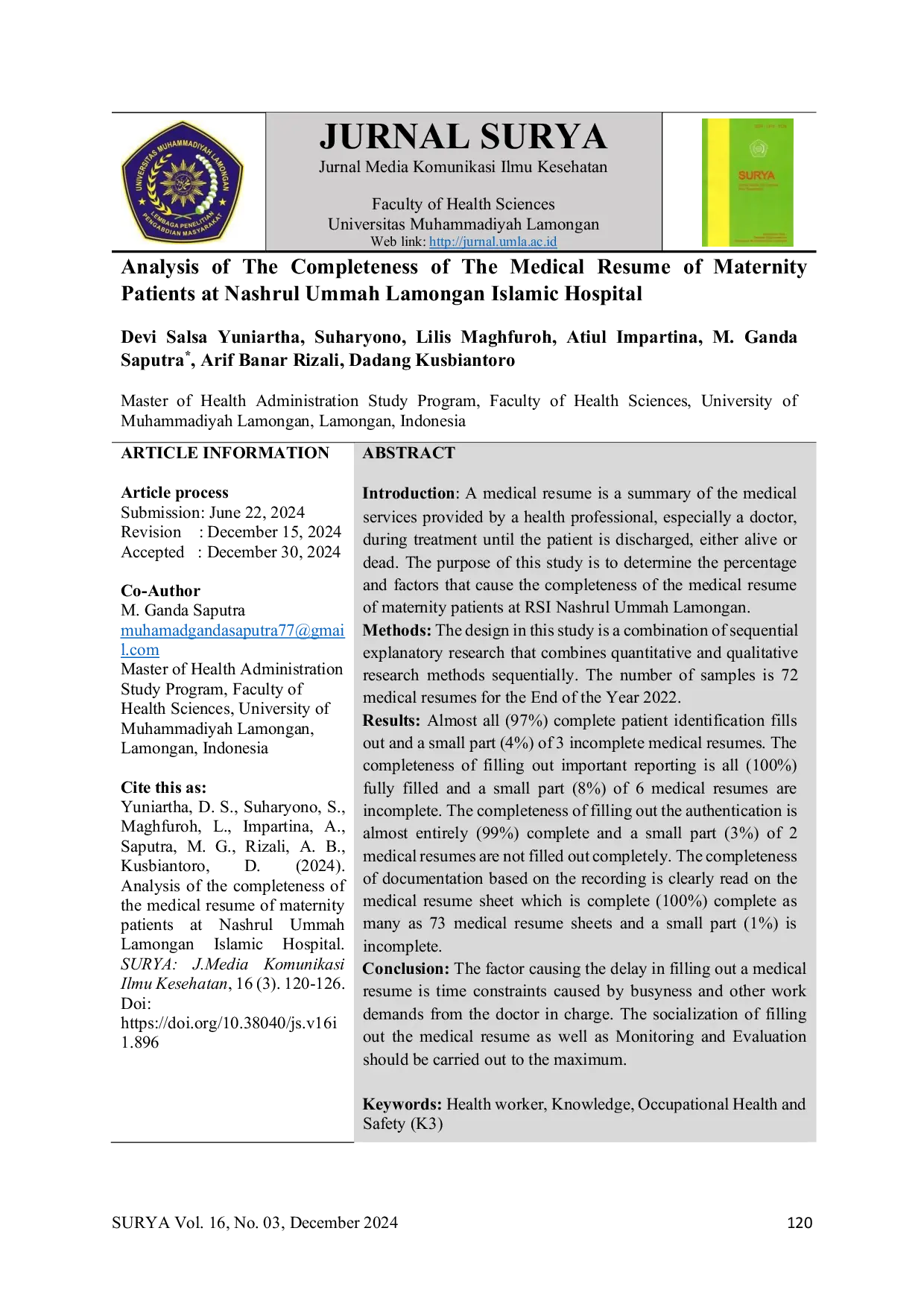 JURIS Analysis of The Completeness of The Medical Resume of Maternity Patients at Nashrul Ummah Lamongan Islamic Hospital