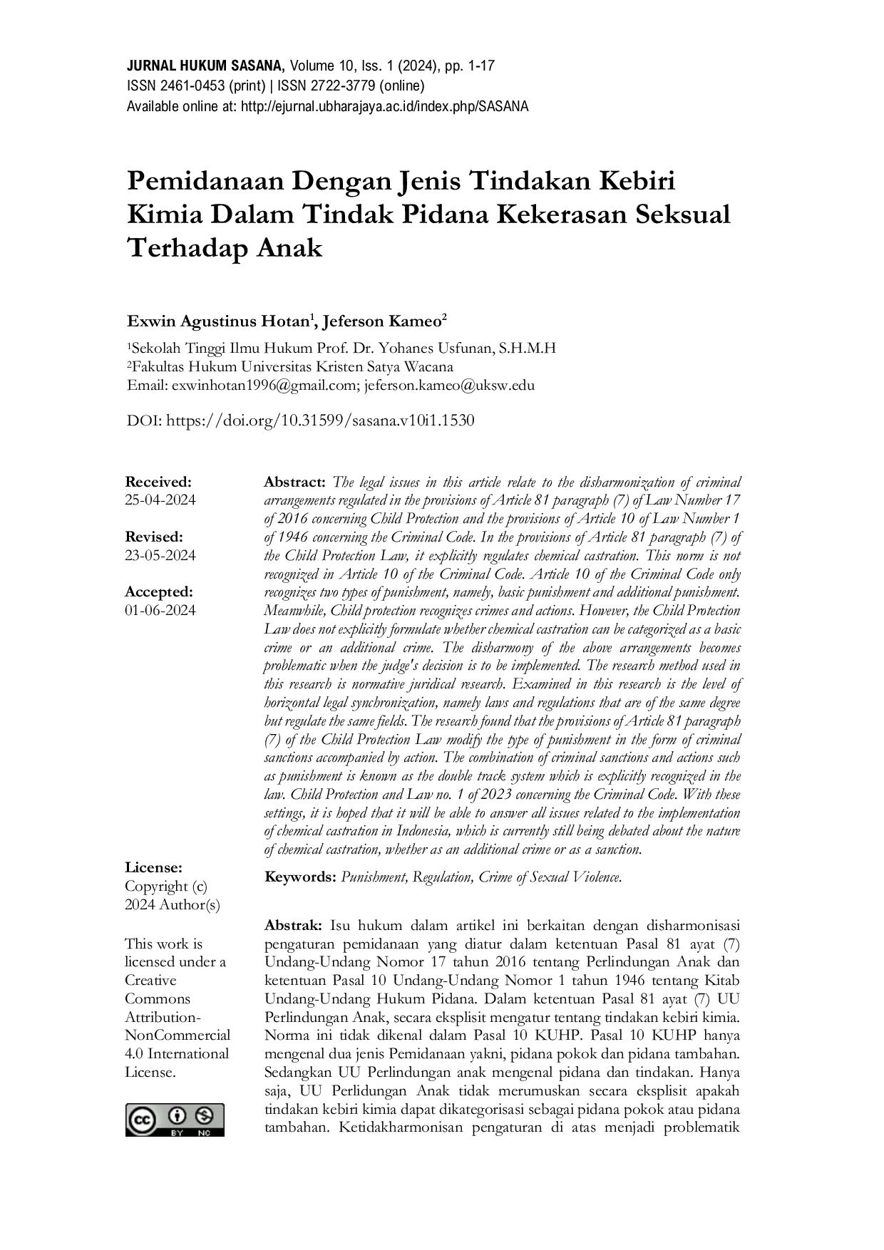 JURIS Pemidanaan Dengan Jenis Tindakan Kebiri Kimia Dalam Tindak Pidana Kekerasan Seksual Terhadap Anak