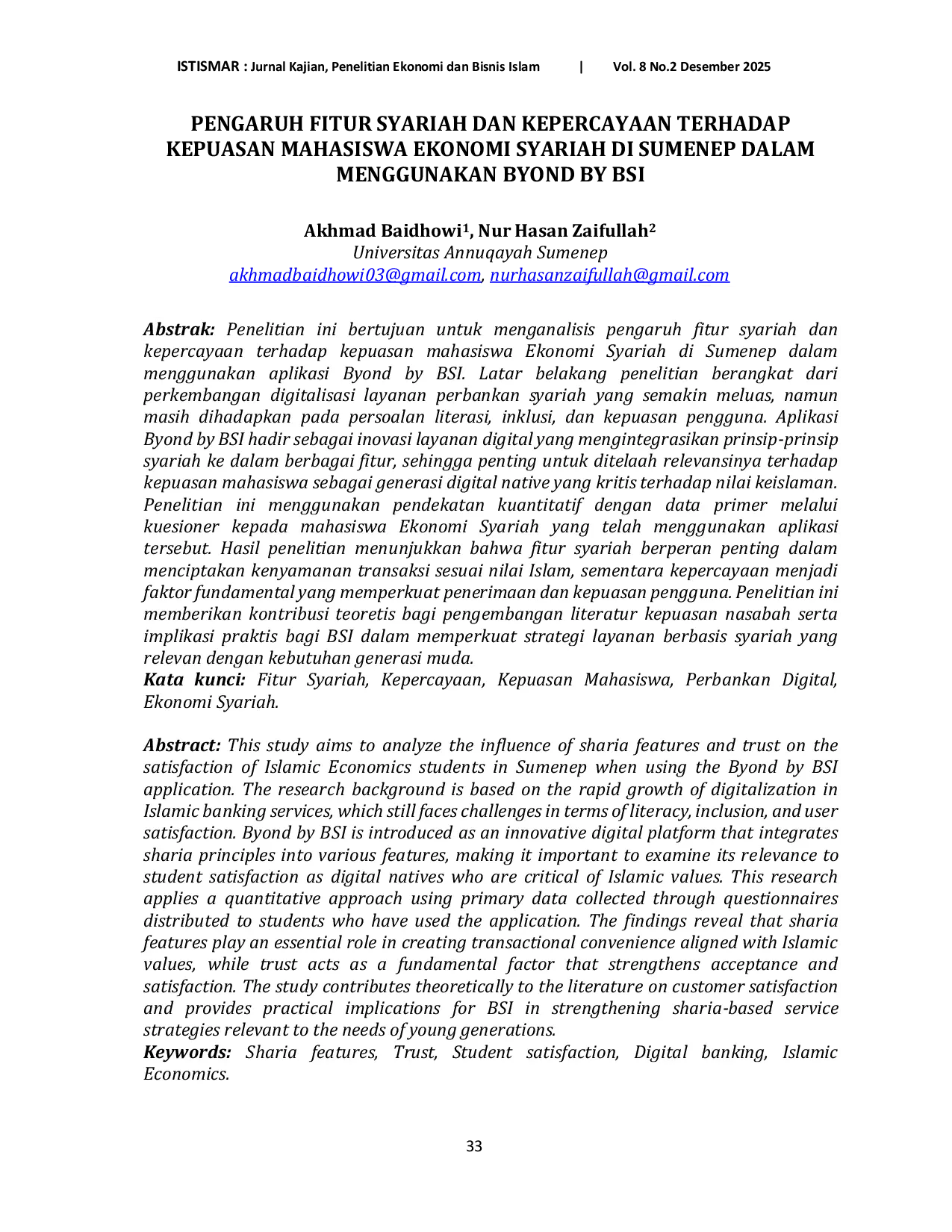 JURIS Pengaruh Fitur Syariah Dan Kepercayaan Terhadap Kepuasan Mahasiswa Ekonomi Syariah Di Sumenep Dalam Menggunakan Byond By Bsi