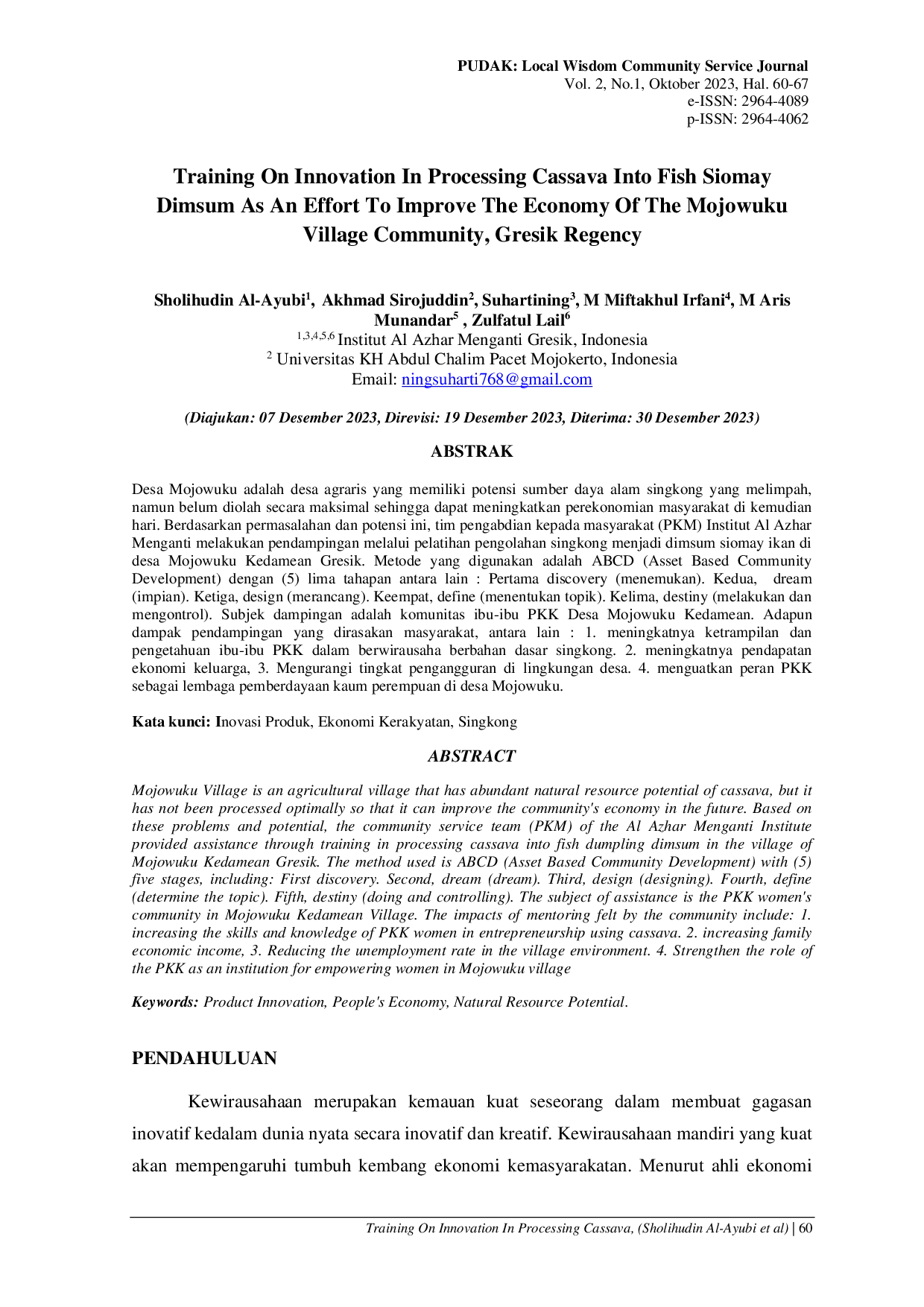 JURIS Training On Innovation In Processing Cassava Into Fish Siomay Dimsum As An Effort To Improve The Economy Of The Mojowuku Village Community Gresik Regency