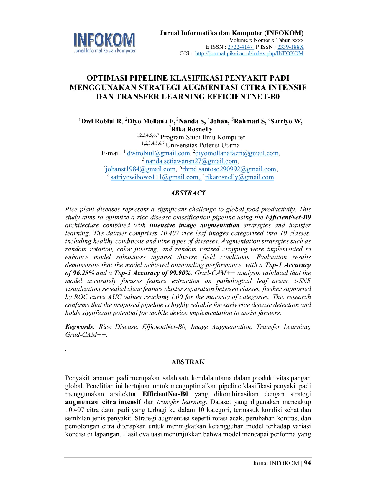 JURIS Optimasi Pipeline Klasifikasi Penyakit Padi Menggunakan Strategi Augmentasi Citra Intensif Dan Transfer Learning EfficientNet B0