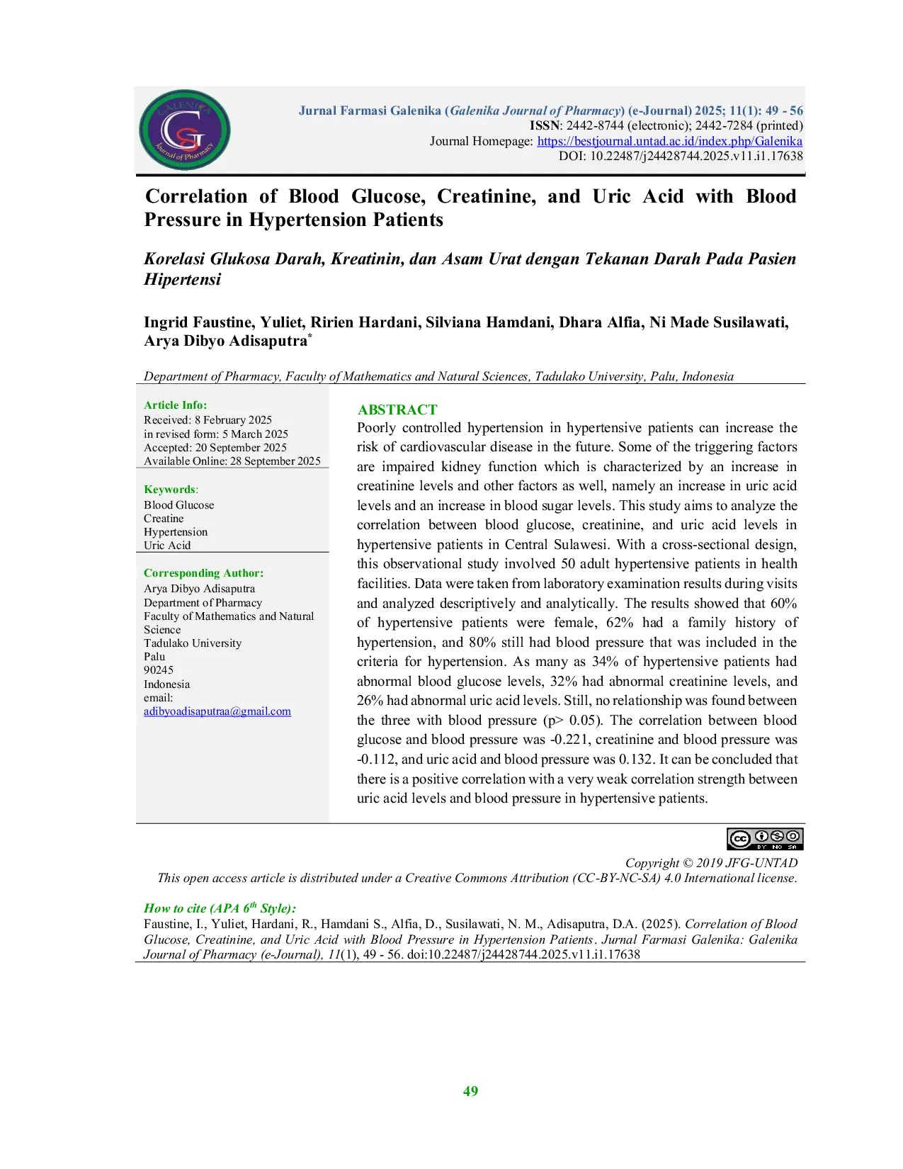 JURIS Korelasi Glukosa Darah Kreatinin dan Asam Urat dengan Tekanan Darah Pada Pasien Hipertensi