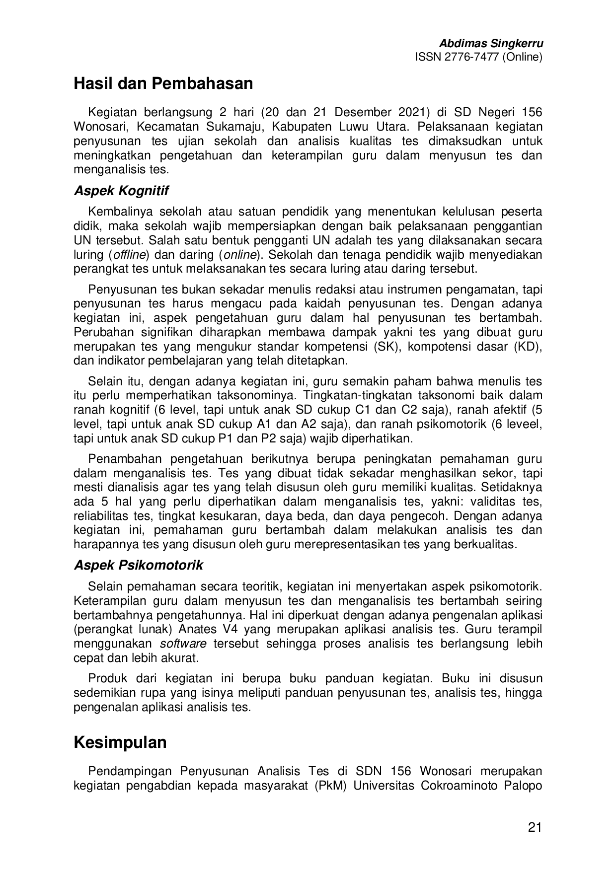 JURIS Pendampingan Penyusunan Analisis Tes di SD Negeri 156 Wonosari