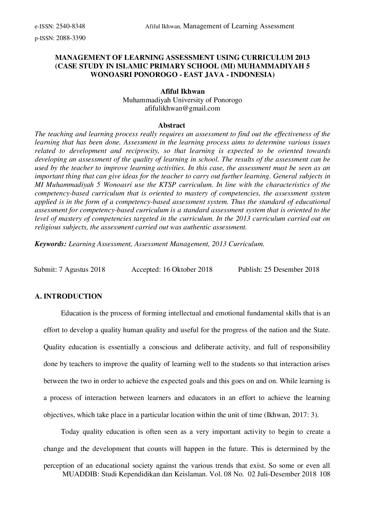 JURIS Manajemen Penilaian Pembelajaran Menggunakan Kurikulum 2013 Studi Kasus Di Madrasah Ibtidaiyah Mi Muhammadiyah 5 Wonoasri Ponorogo Jawa Timur Indonesia