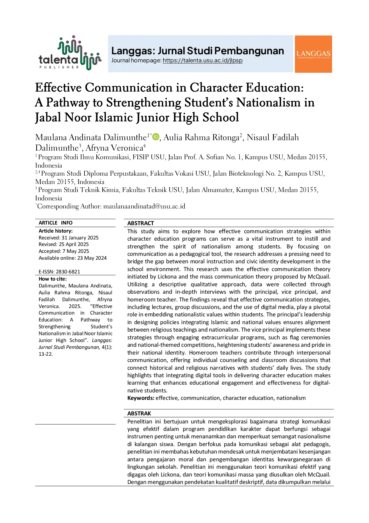 JURIS Effective Communication in Character Education A Pathway to Strengthening Nationalism of SMP Swasta Islam Terpadu Jabal Noor Student