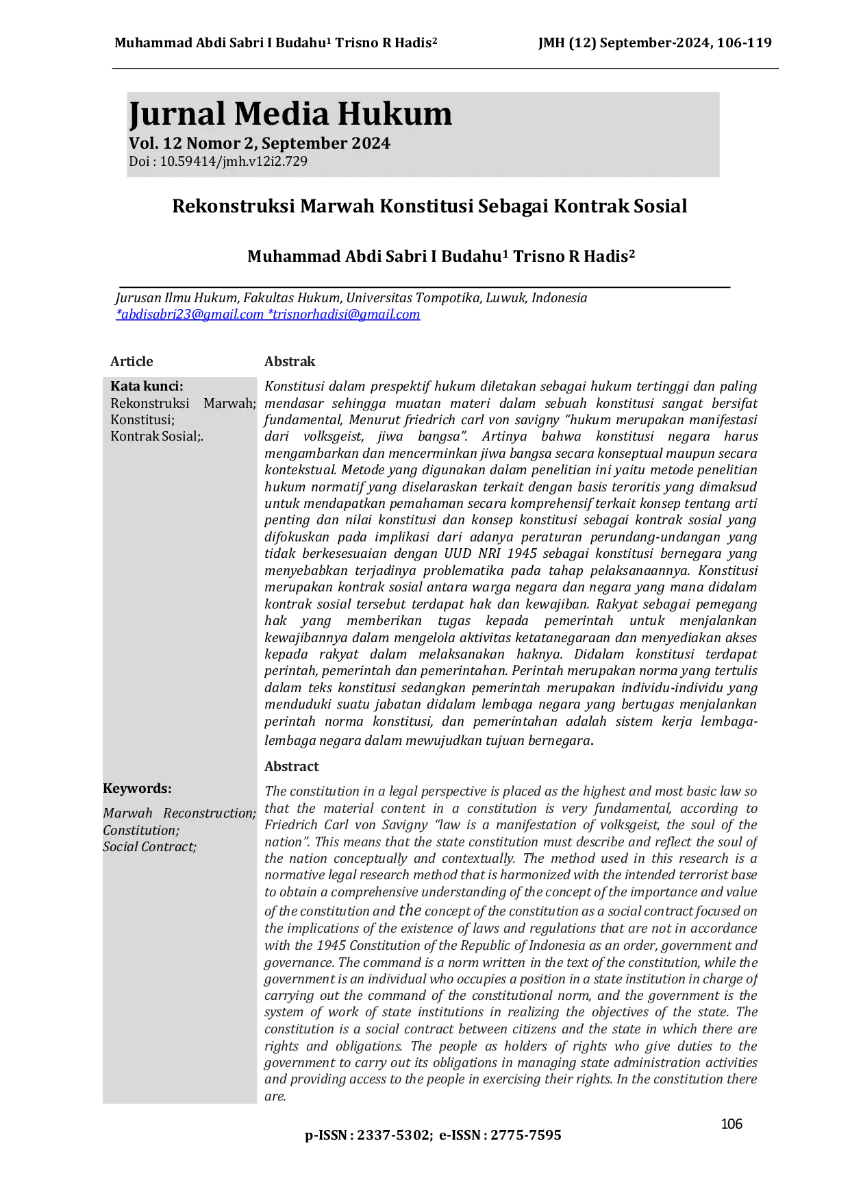 JURIS Rekonstruksi Marwah Konstitusi Sebagai Kontrak Sosial Reconstructing the Constitution as a Social Contract