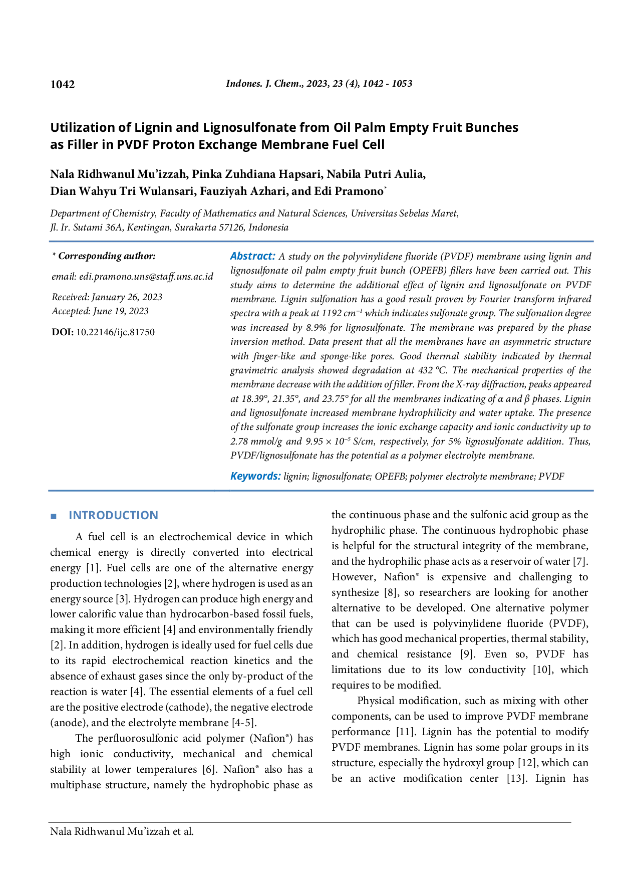JURIS Utilization of Lignin and Lignosulfonate from Oil Palm Empty Fruit Bunches as Filler in PVDF Proton Exchange Membrane Fuel Cell