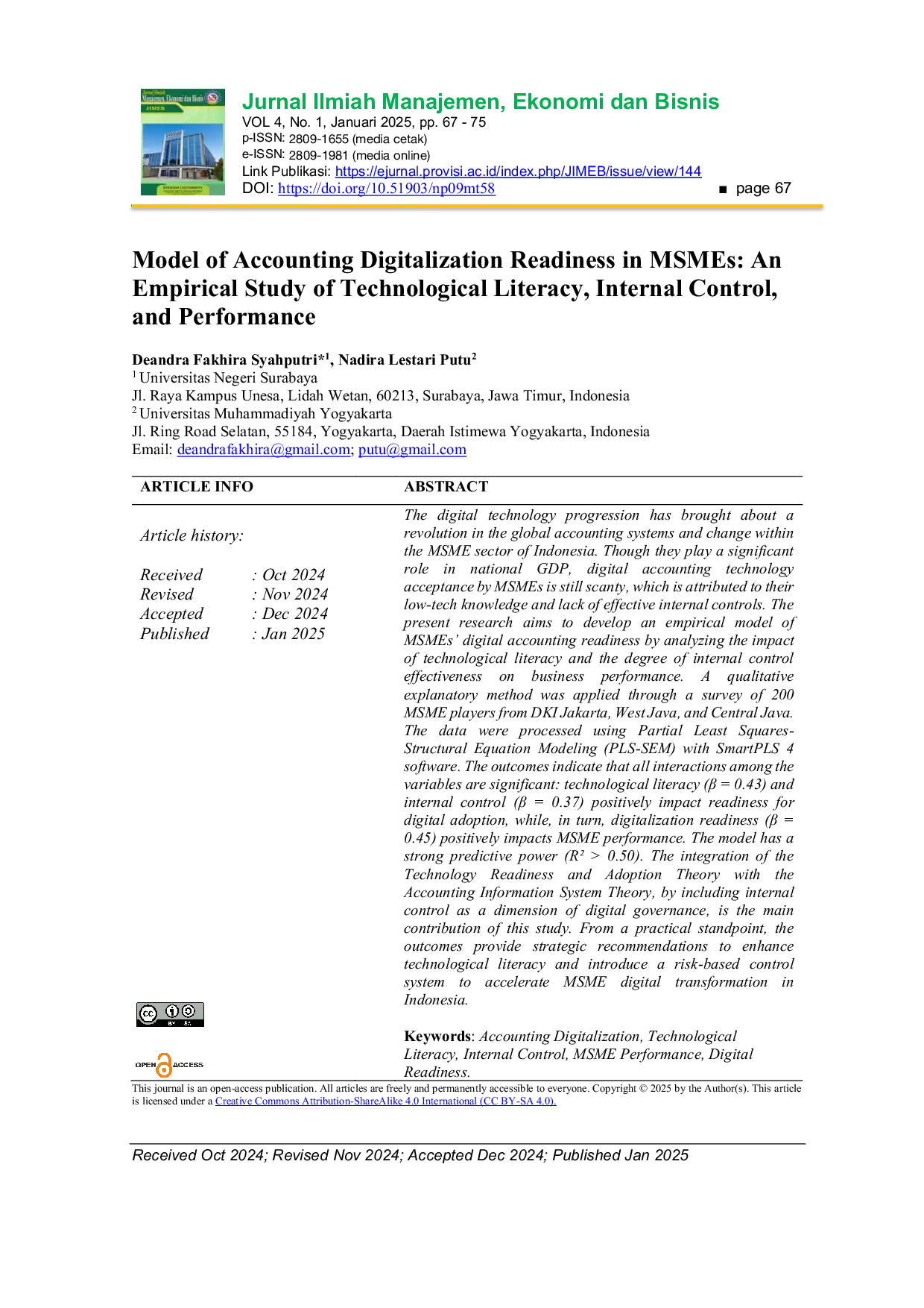 JURIS Model of Accounting Digitalization Readiness in MSMEs An Empirical Study of Technological Literacy Internal Control and Performance