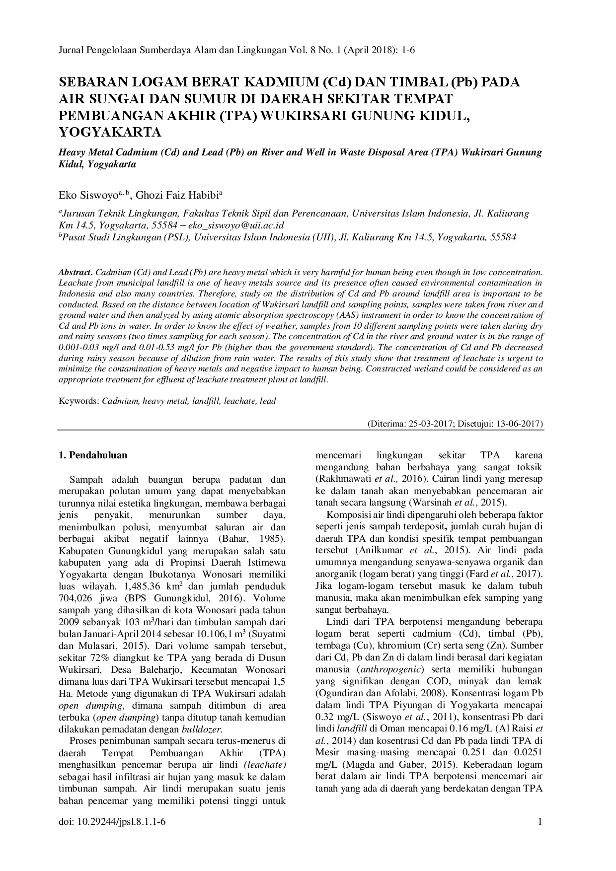 juris Sebaran Logam Berat Kadmium Cd dan Timbal Pb pada Air Sungai dan Sumur di Daerah Sekitar Tempat Pembuangan Akhir TPA Wukirsari Gunung Kidul Yogyakarta