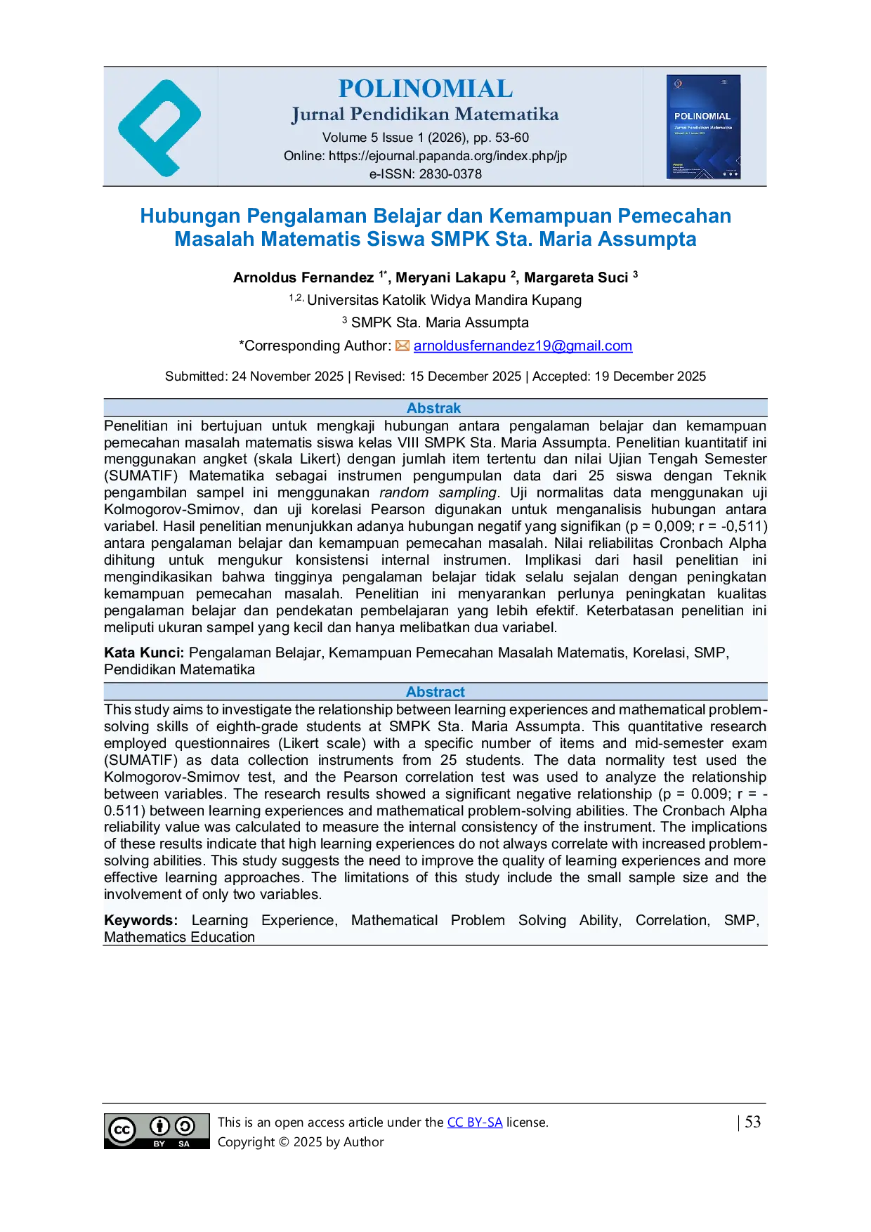 JURIS Hubungan Pengalaman Belajar dan Kemampuan Pemecahan Masalah Matematis Siswa SMPK Sta Maria Assumpta