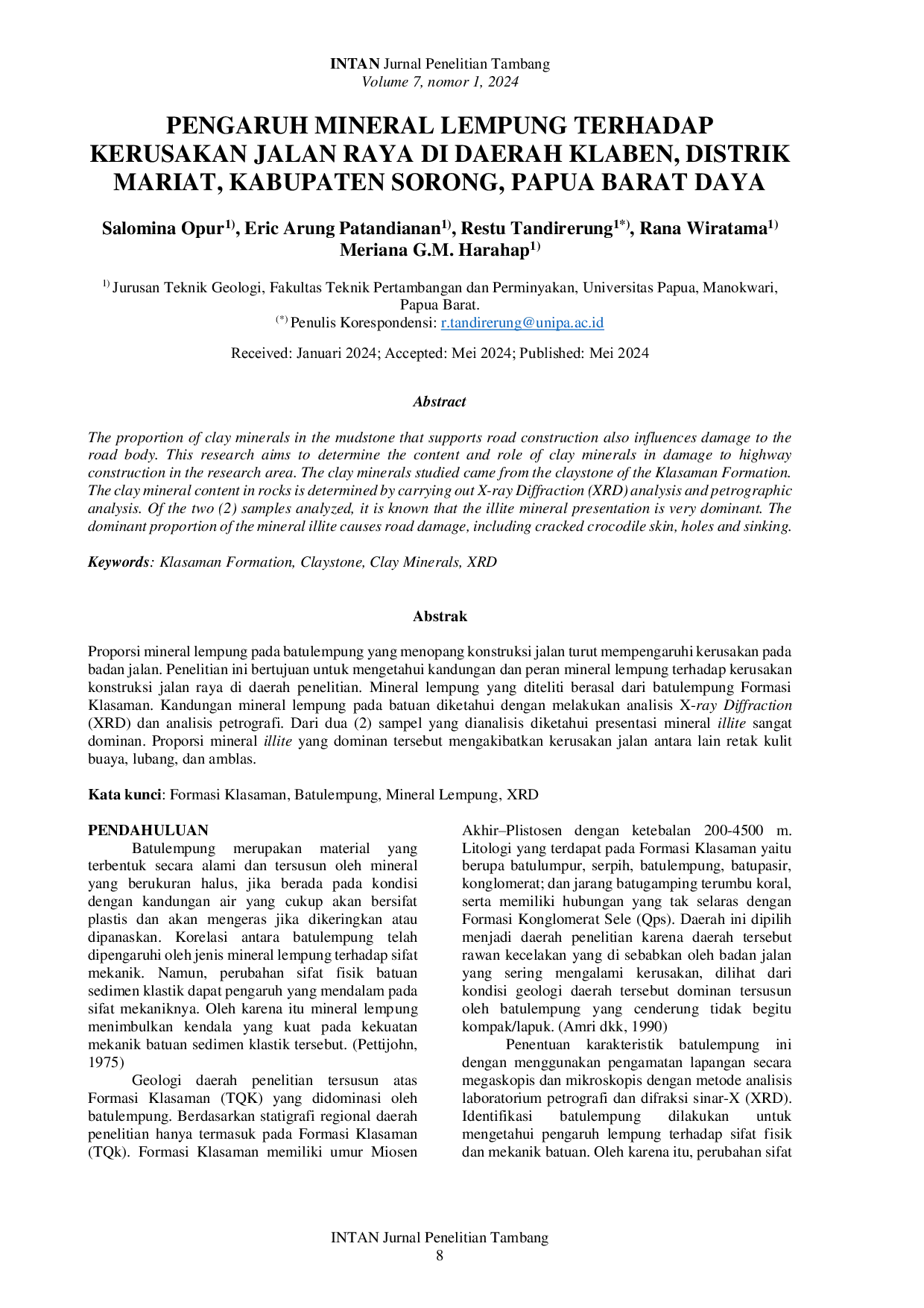 JURIS Pengaruh Mineral Lempung Terhadap Kerusakan Jalan Raya Di Daerah Klaben Distrik Mariat Kabupaten Sorong Papua Barat Daya