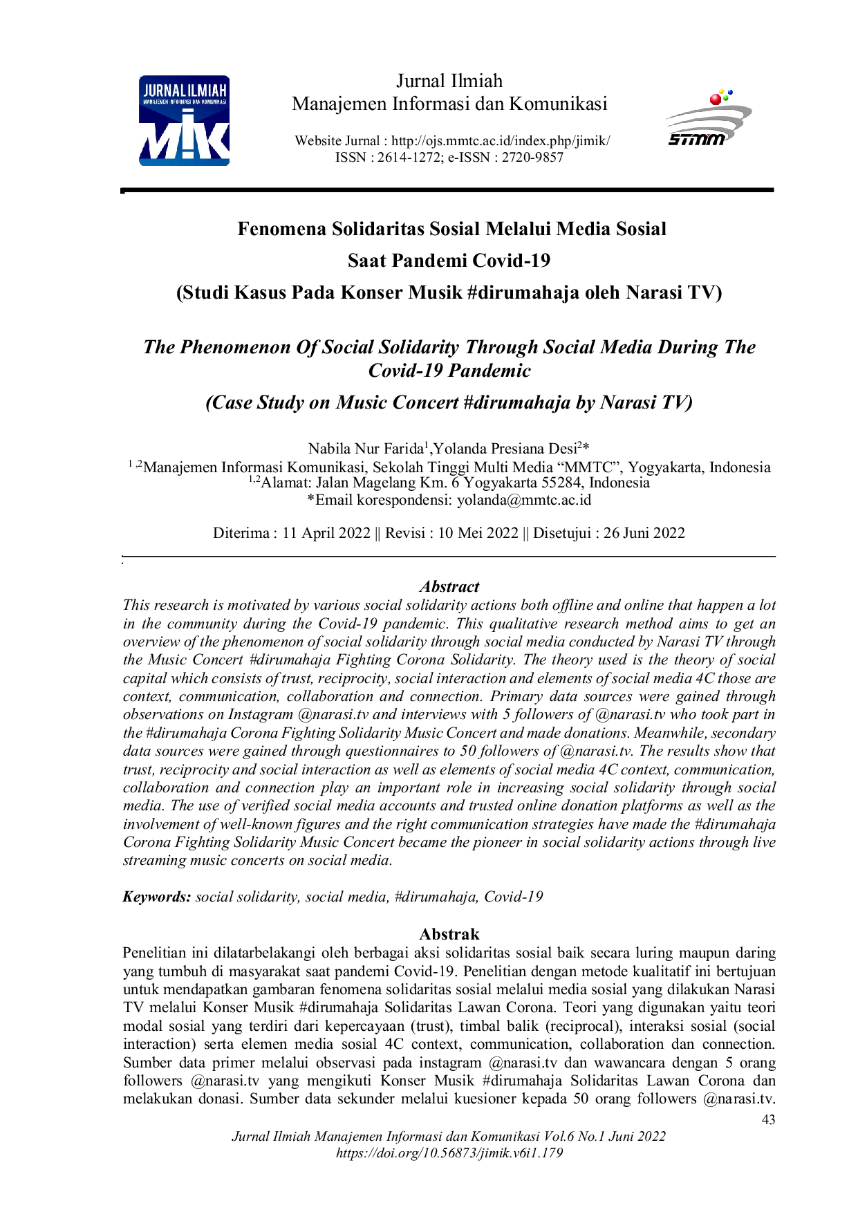 JURIS Fenomena Solidaritas Sosial Melalui Media Sosial Saat Pandemi Covid 19 Studi Kasus Pada Konser Musik dirumahaja oleh Narasi TV