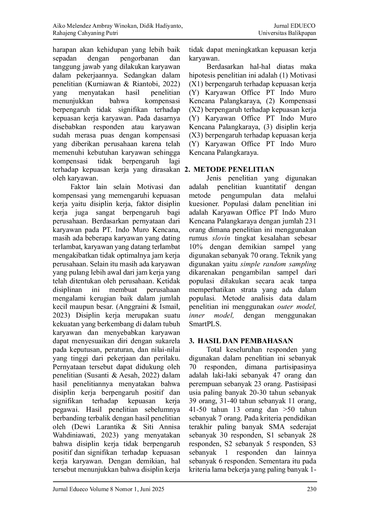JURIS The Effect of Work Motivation Compensation and Work Discipline on Employee Job Satisfaction at PT Indo Muro Kencana Palangkaraya