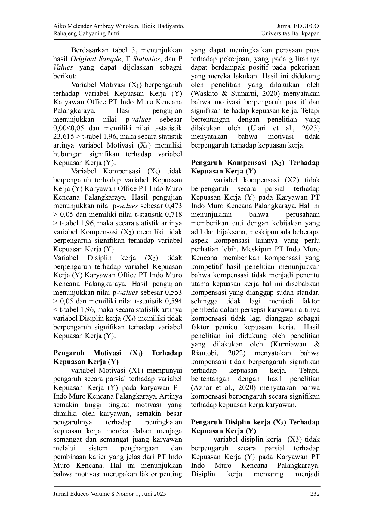 JURIS The Effect of Work Motivation Compensation and Work Discipline on Employee Job Satisfaction at PT Indo Muro Kencana Palangkaraya