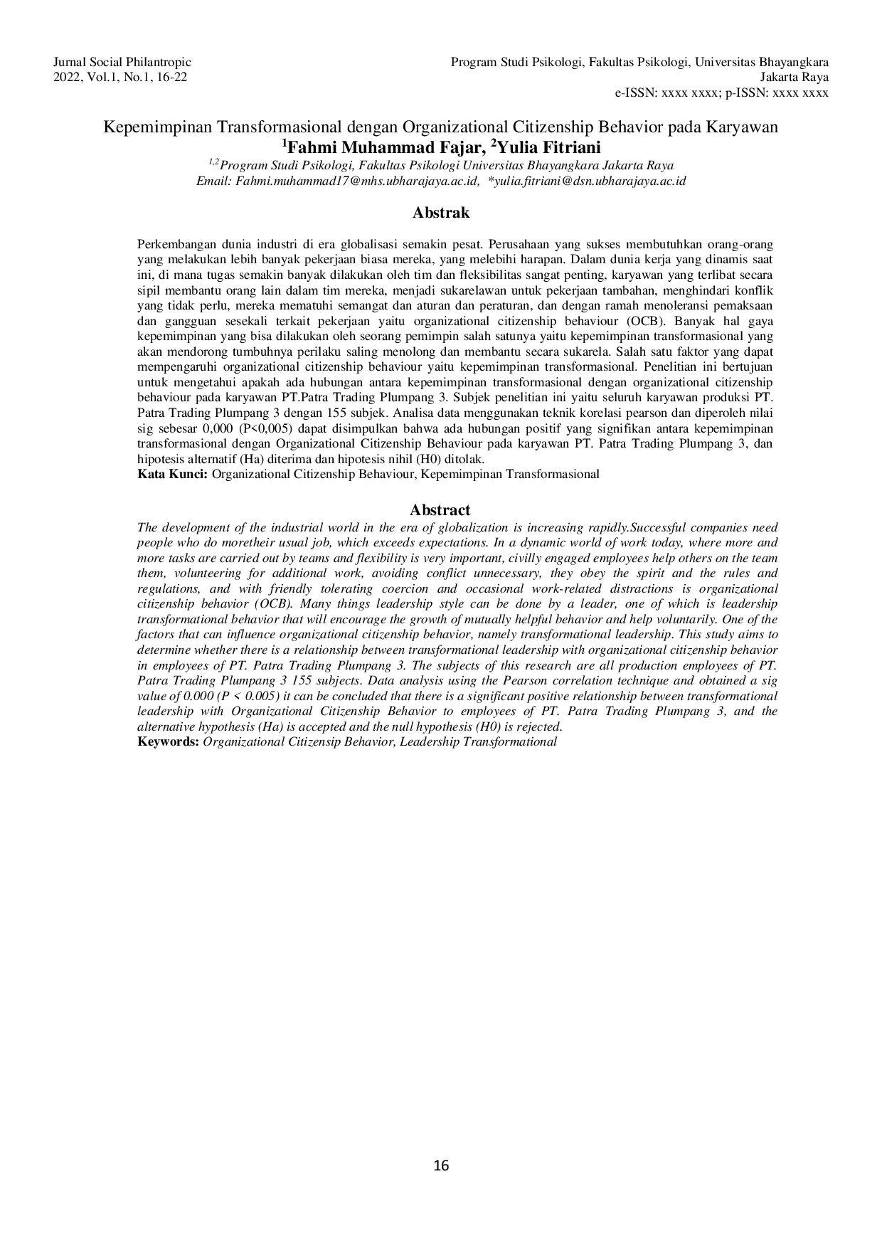 JURIS Kepemimpinan Transformasional dengan Organizational Citizenship Behavior pada Karyawan Fahmi Muhammad Fajar Yulia Fitriani