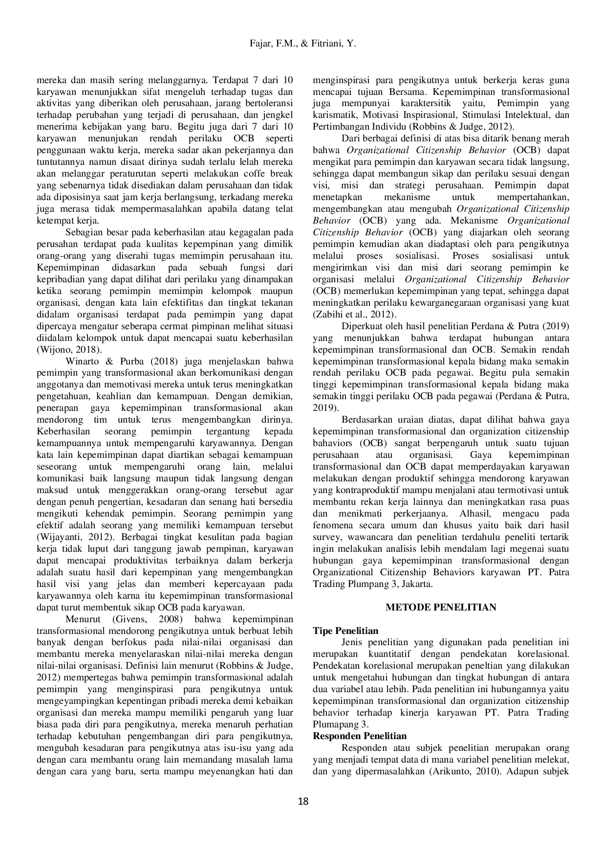JURIS Kepemimpinan Transformasional dengan Organizational Citizenship Behavior pada Karyawan Fahmi Muhammad Fajar Yulia Fitriani