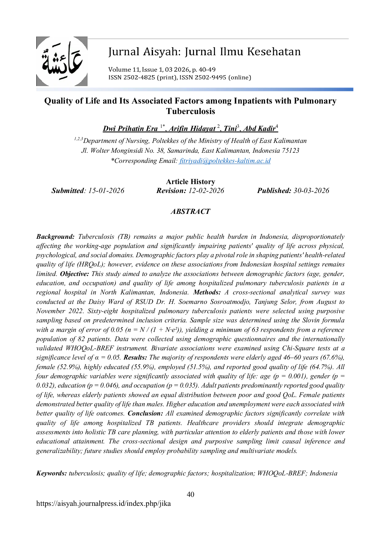 JURIS Quality of Life and Its Associated Factors among Inpatients with Pulmonary Tuberculosis