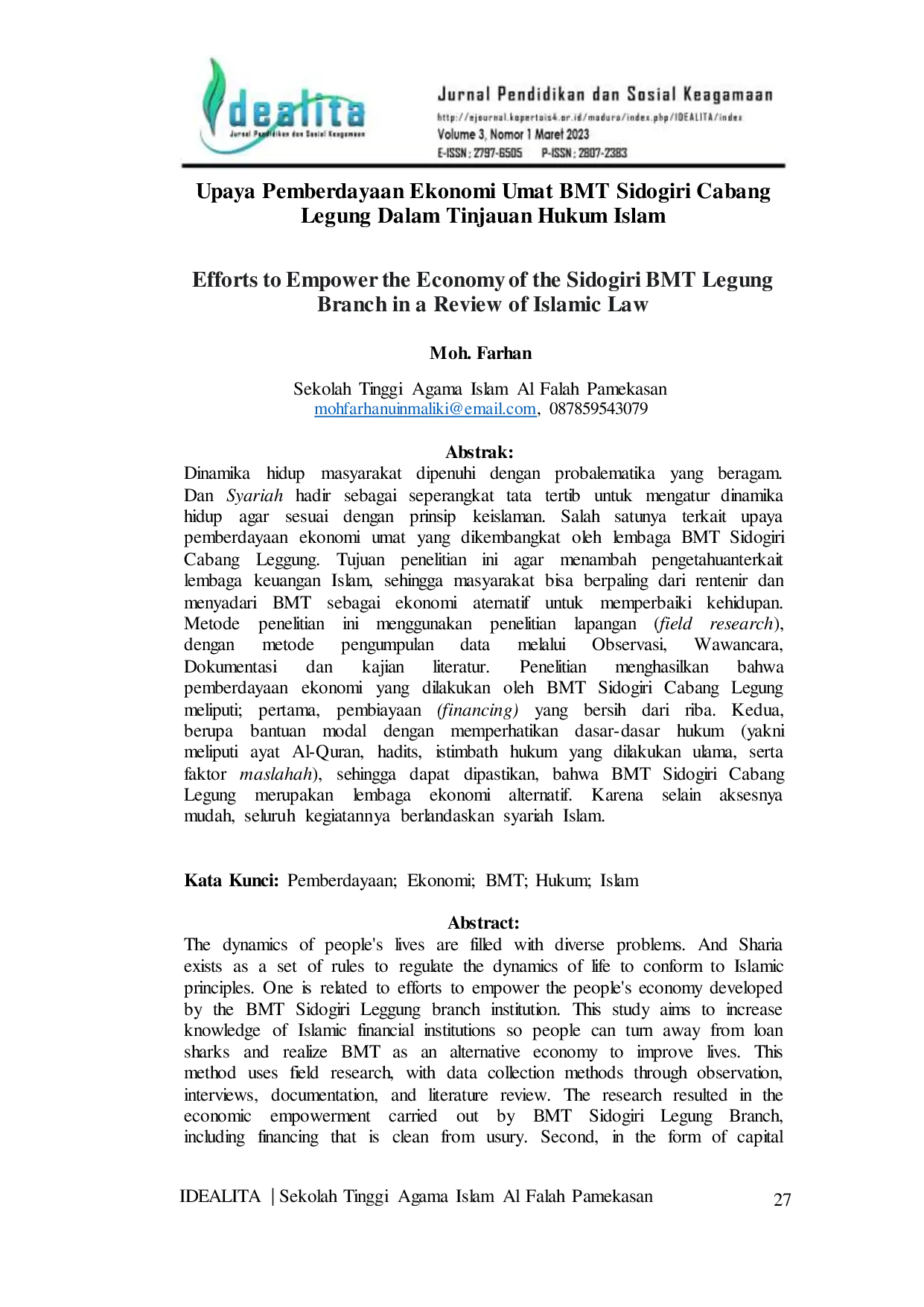 JURIS Upaya Pemberdayaan Ekonomi Umat BMT Sidogiri Cabang Legung Dalam Tinjauan Hukum Islam
