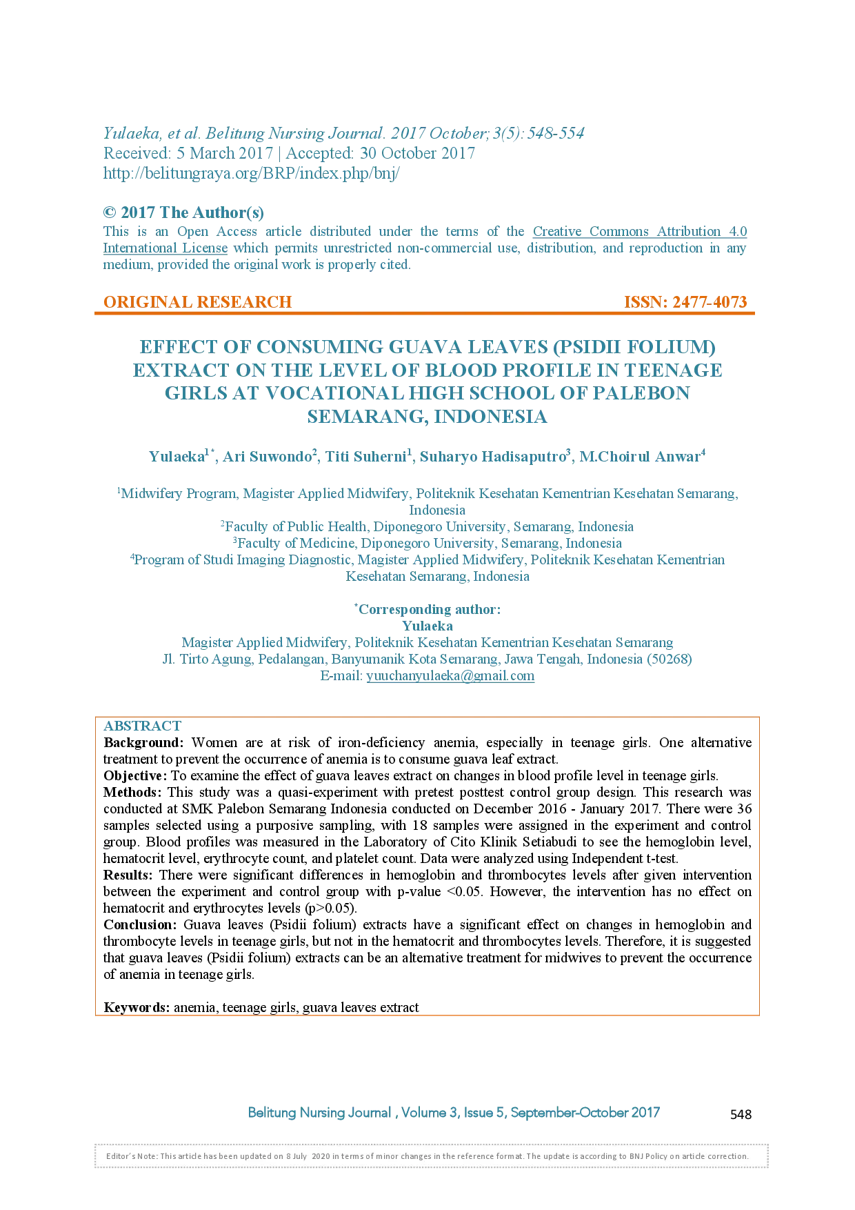 juris Effect of Consuming Guava Leaves Psidii Folium Extract on the Level of Blood Profile in Teenage Girls at Vocational High School of Palebon Semarang Indonesia