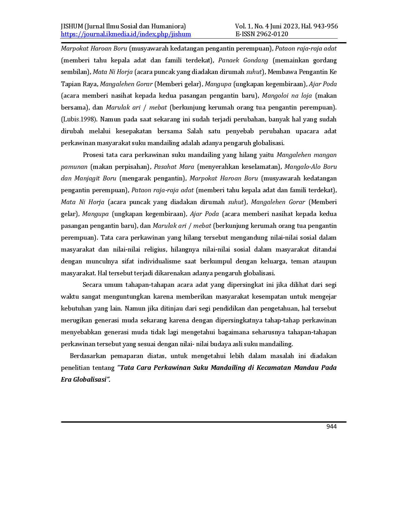 juris Tata Cara Perkawinan Suku Mandailing di Kecamatan Mandau Pada Era Globalisasi
