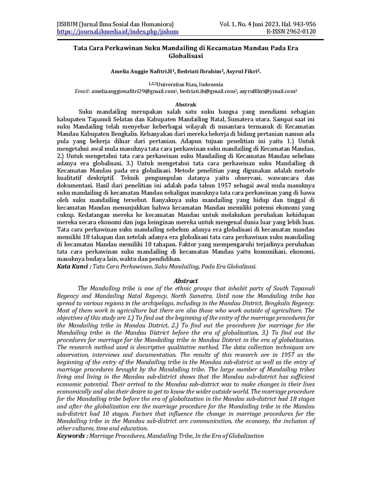 juris Tata Cara Perkawinan Suku Mandailing di Kecamatan Mandau Pada Era Globalisasi