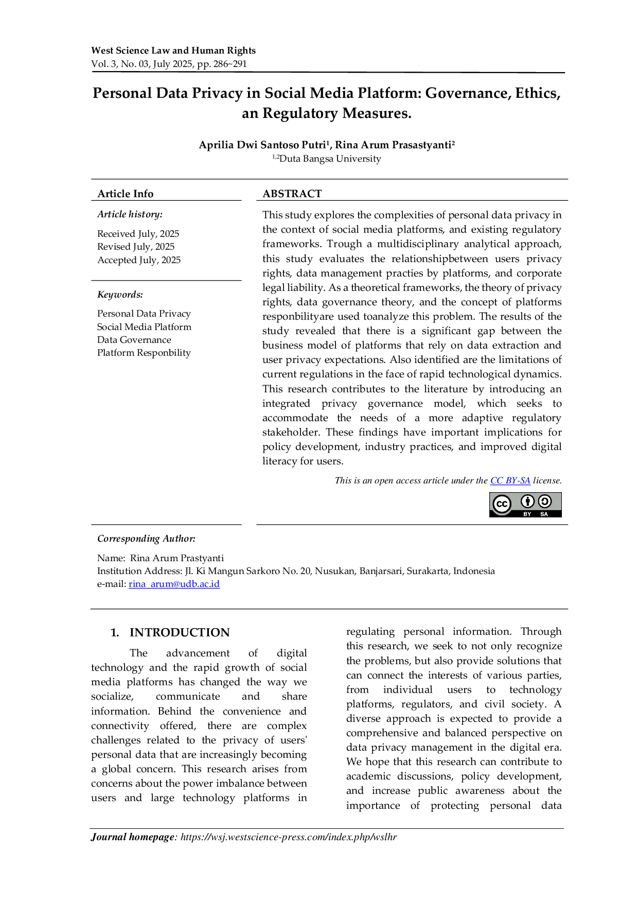 JURIS Personal Data Privacy in Social Media Platform Governance Ethics an Regulatory Measures