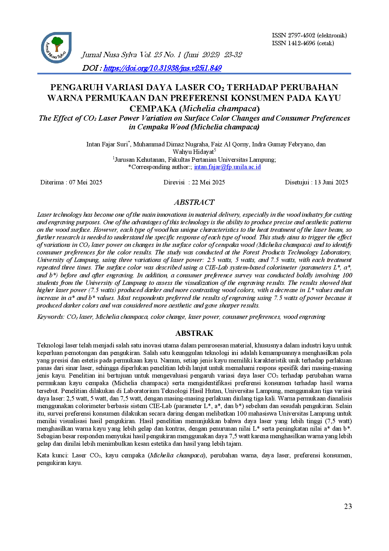 juris Pengaruh Variasi Daya Laser Co2 Terhadap Perubahan Warna Permukaan Dan Preferensi Konsumen Pada Kayu Cempaka Michelia Champaca
