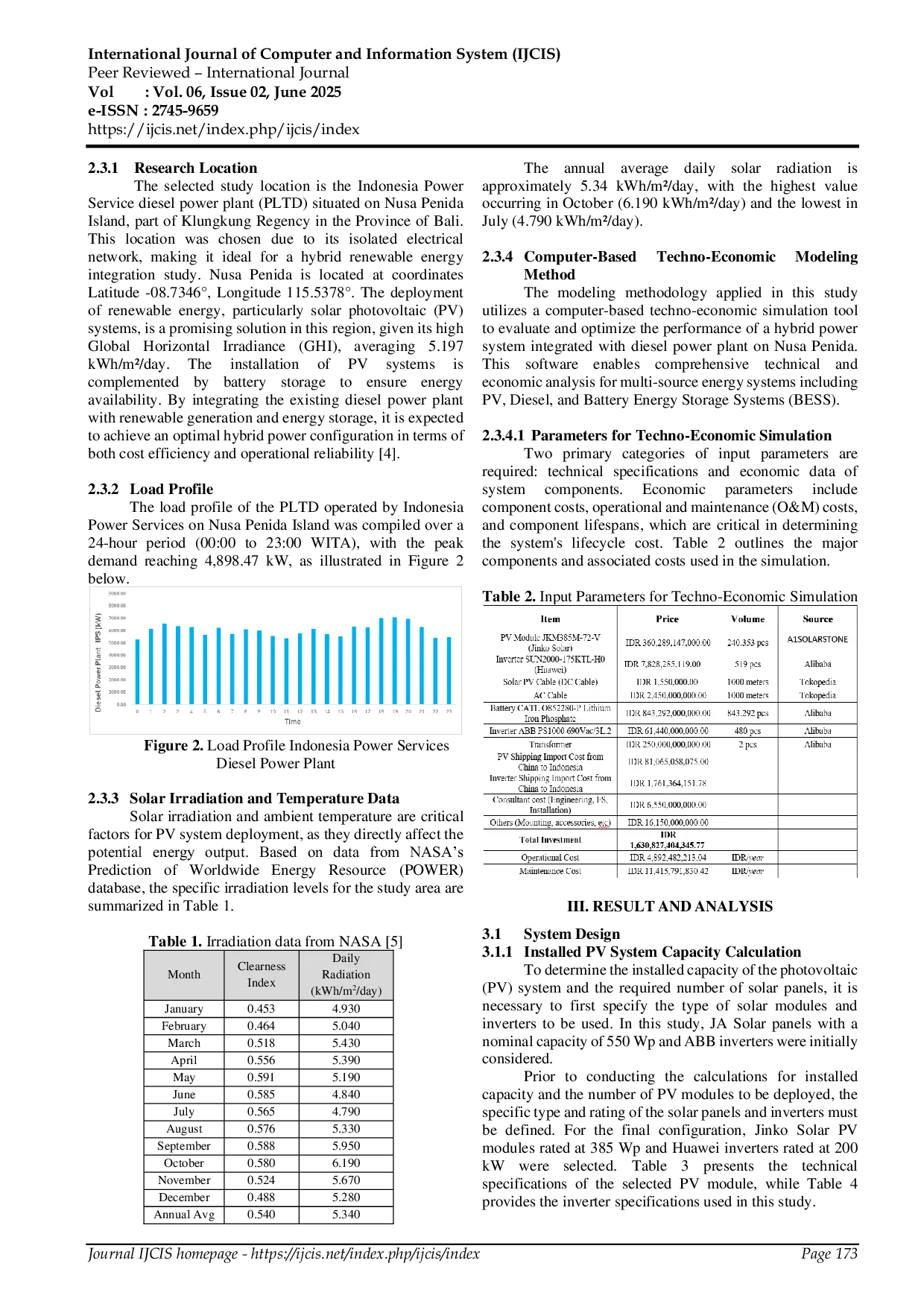 JURIS Optimizing Capacity of a Hybrid Diesel Solar PV BESS on Nusa Penida Island Using a Load Following Approach