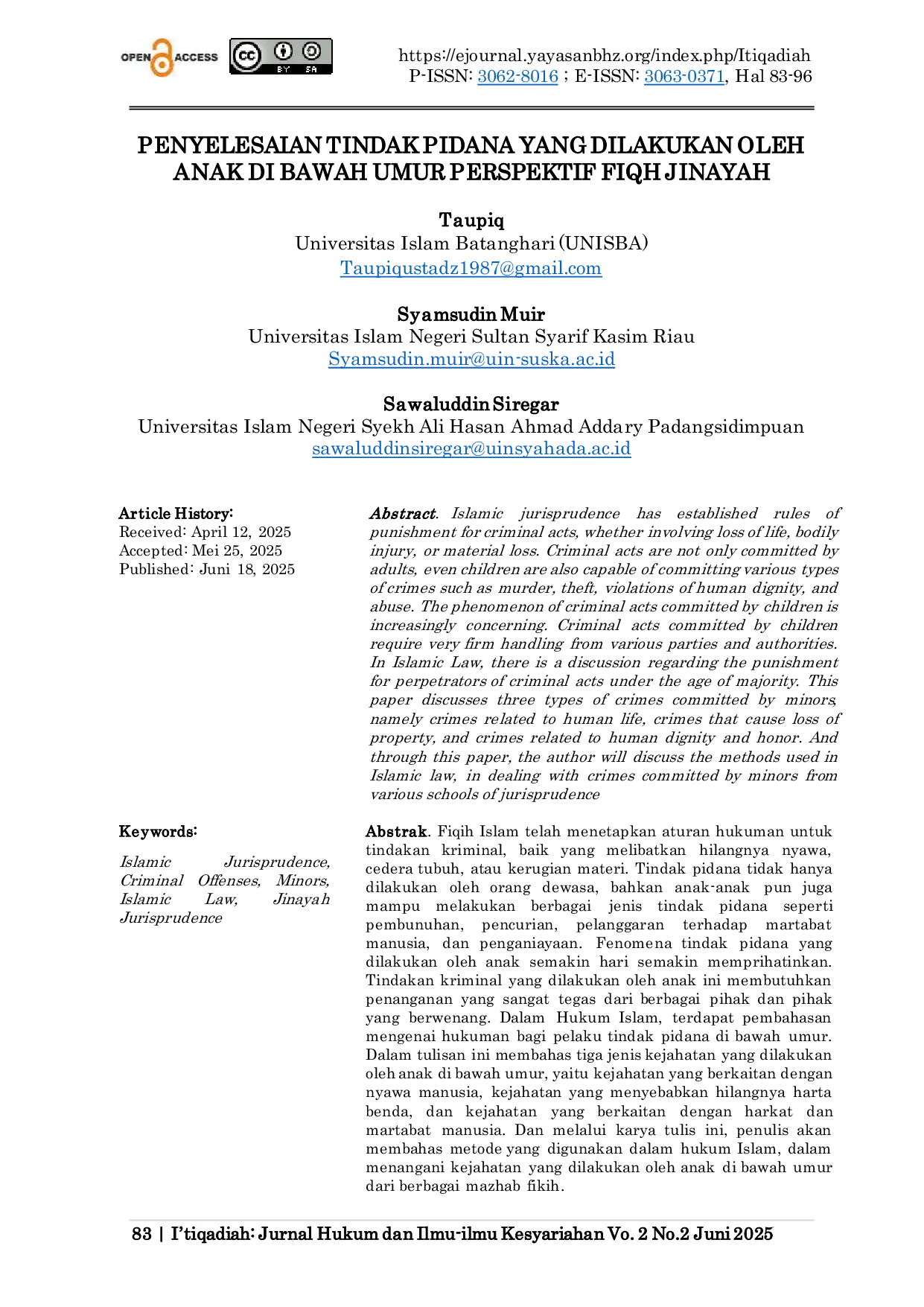 JURIS Penyelesaian Tindak Pidana Yang Dilakukan Oleh Anak Di Bawah Umur Perspektif Fiqh Jinayah