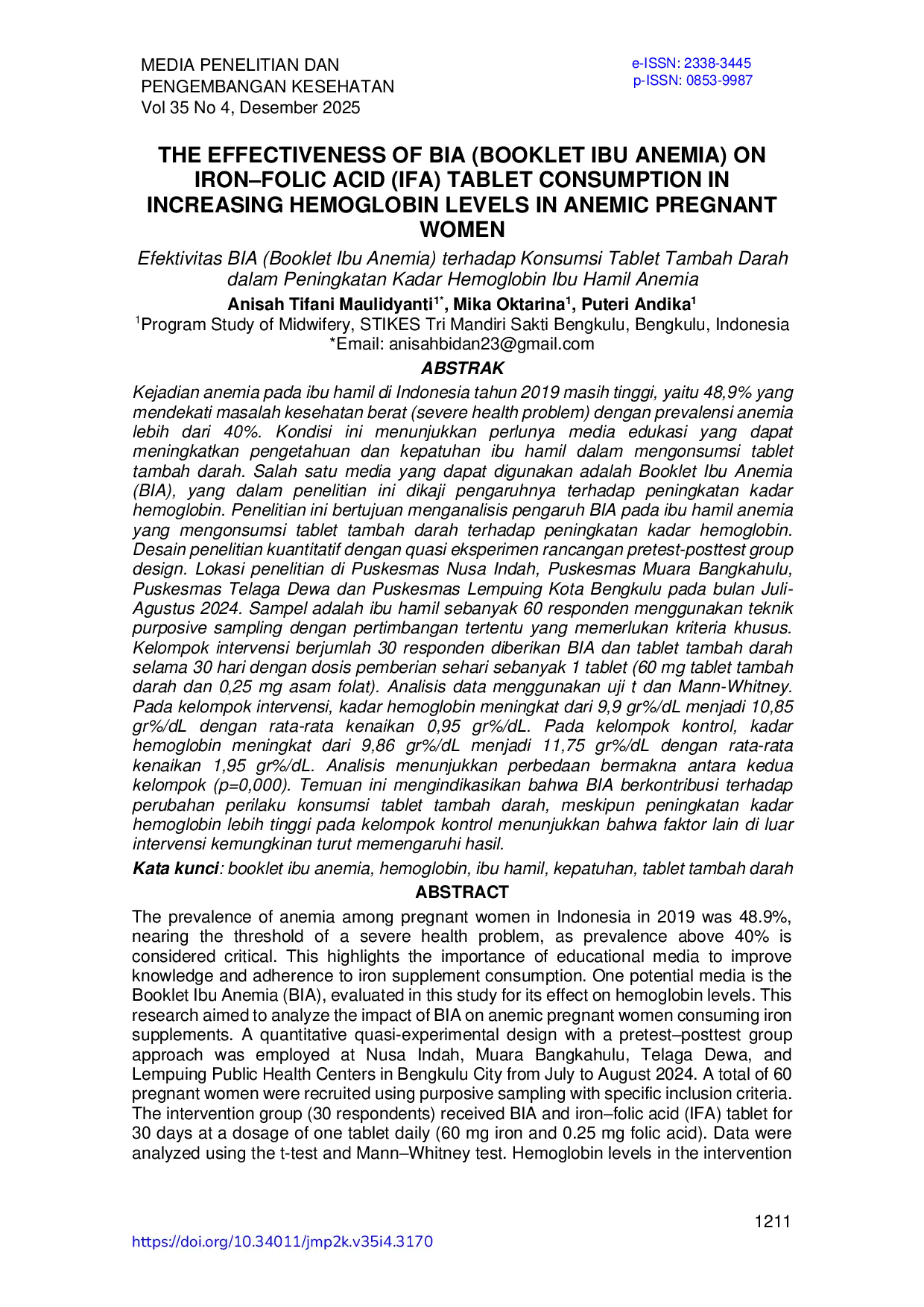 JURIS Efektivitas BIA Booklet Ibu Anemia terhadap Konsumsi Tablet Tambah Darah dalam Peningkatan Kadar Hemoglobin Ibu Hamil Anemia