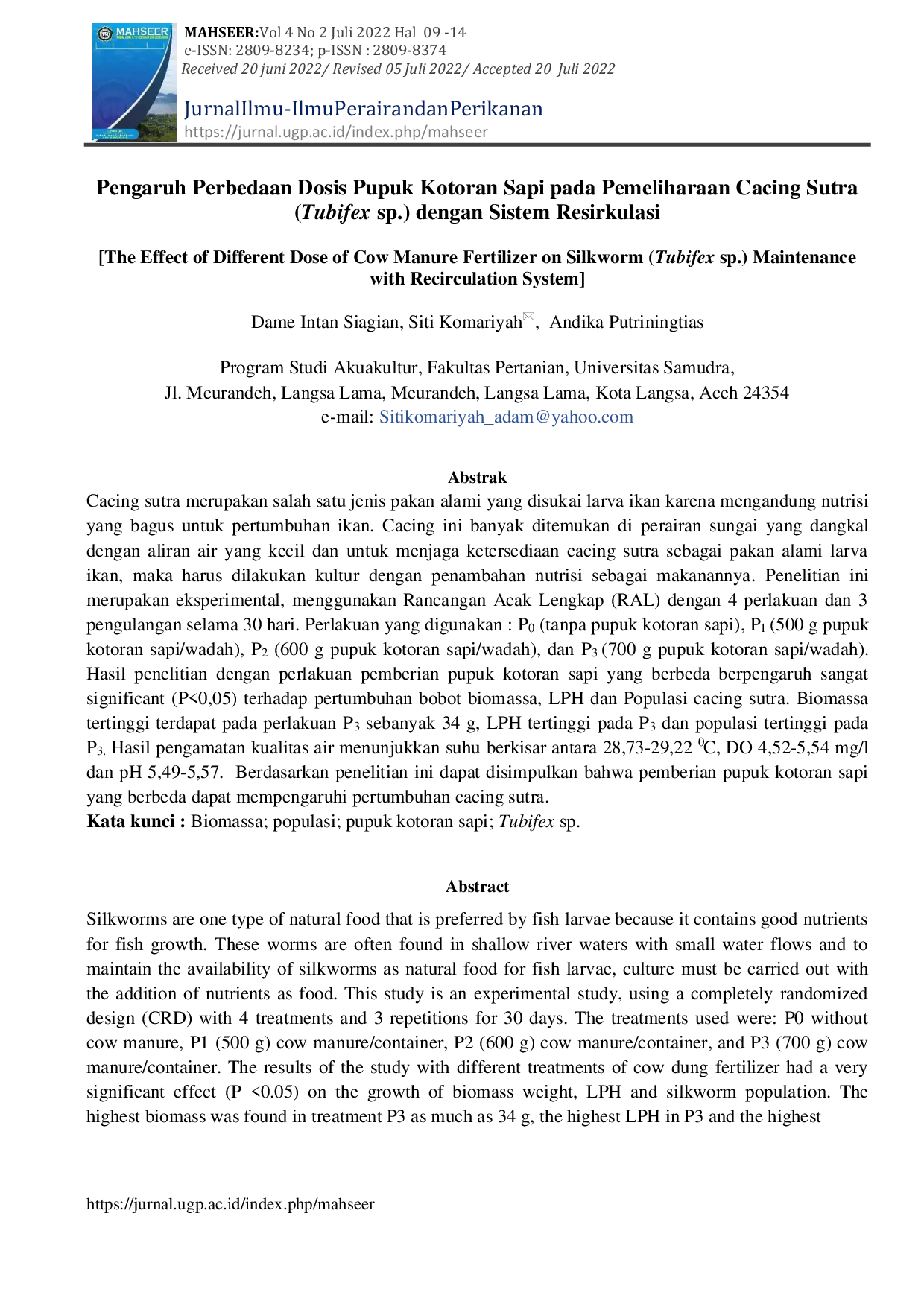 JURIS Pengaruh Perbedaan Dosis Pupuk Kotoran Sapi pada Pemeliharaan Cacing Sutra Tubifex sp dengan Sistem Resirkulasi