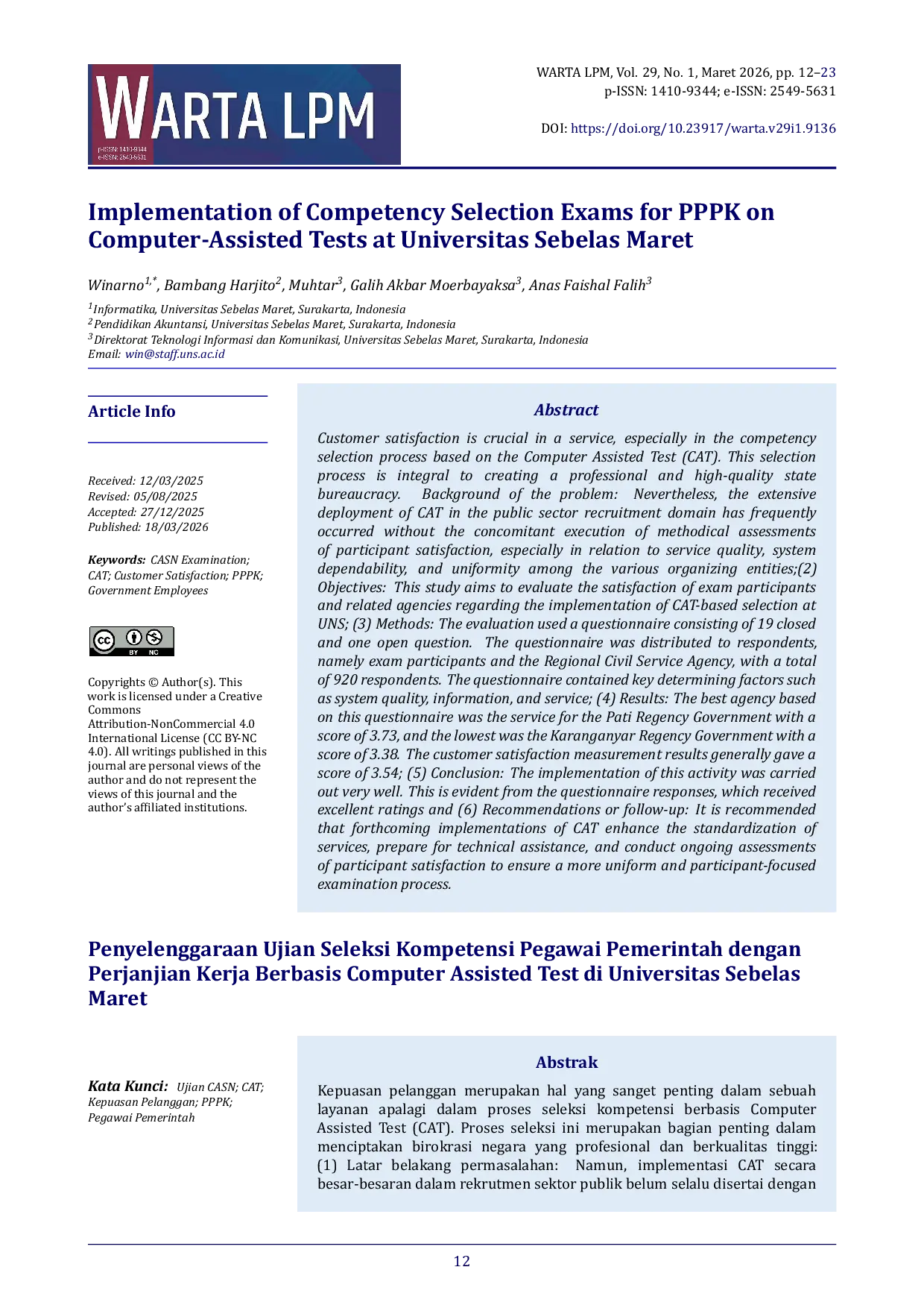JURIS Implementation of Competency Selection Exams for PPPK on Computer Assisted Tests at Universitas Sebelas Maret