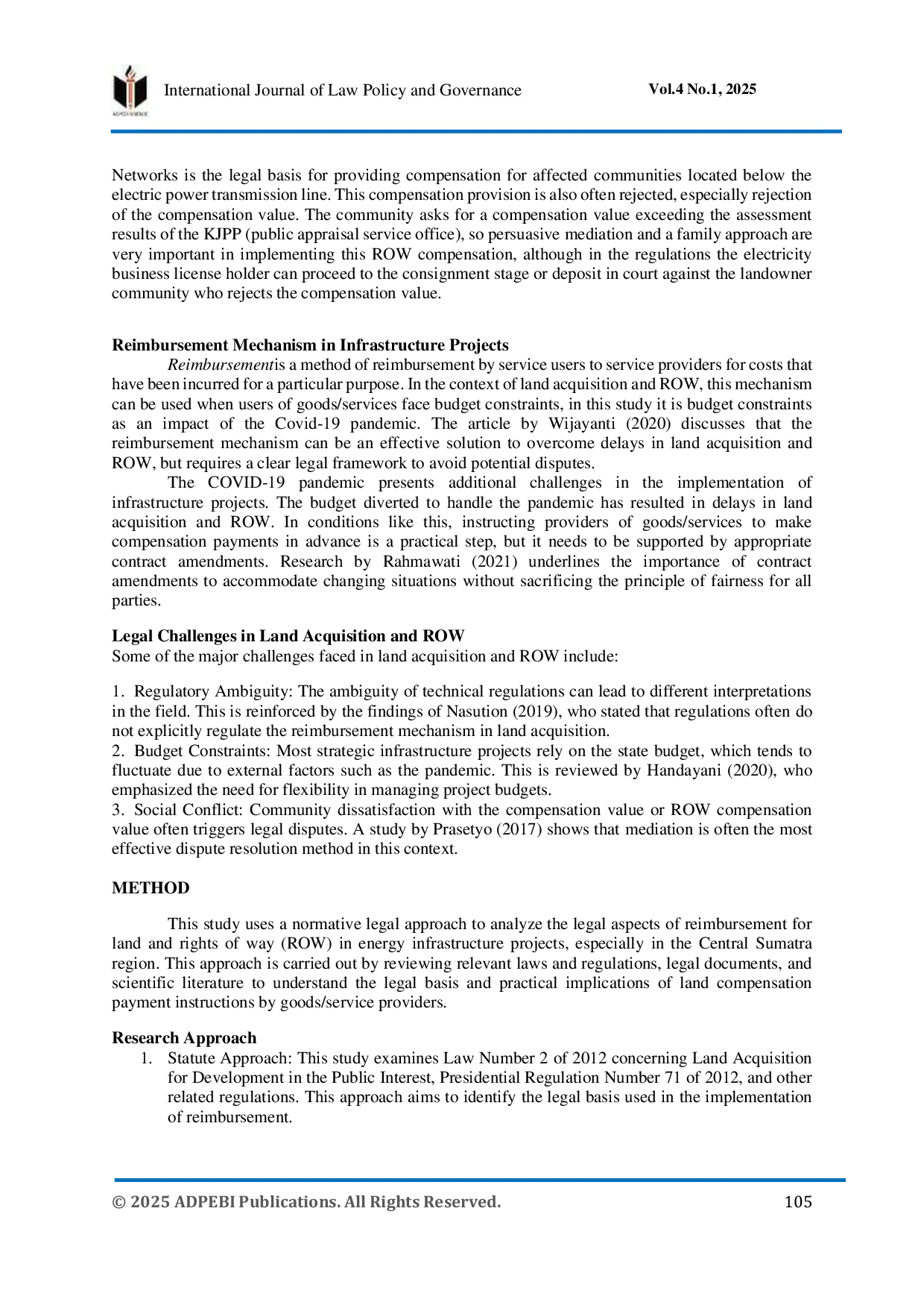 JURIS Legal Aspects of Reimbursement for Land and ROW in Transmission Construction Projects at PLN Central Sumatra