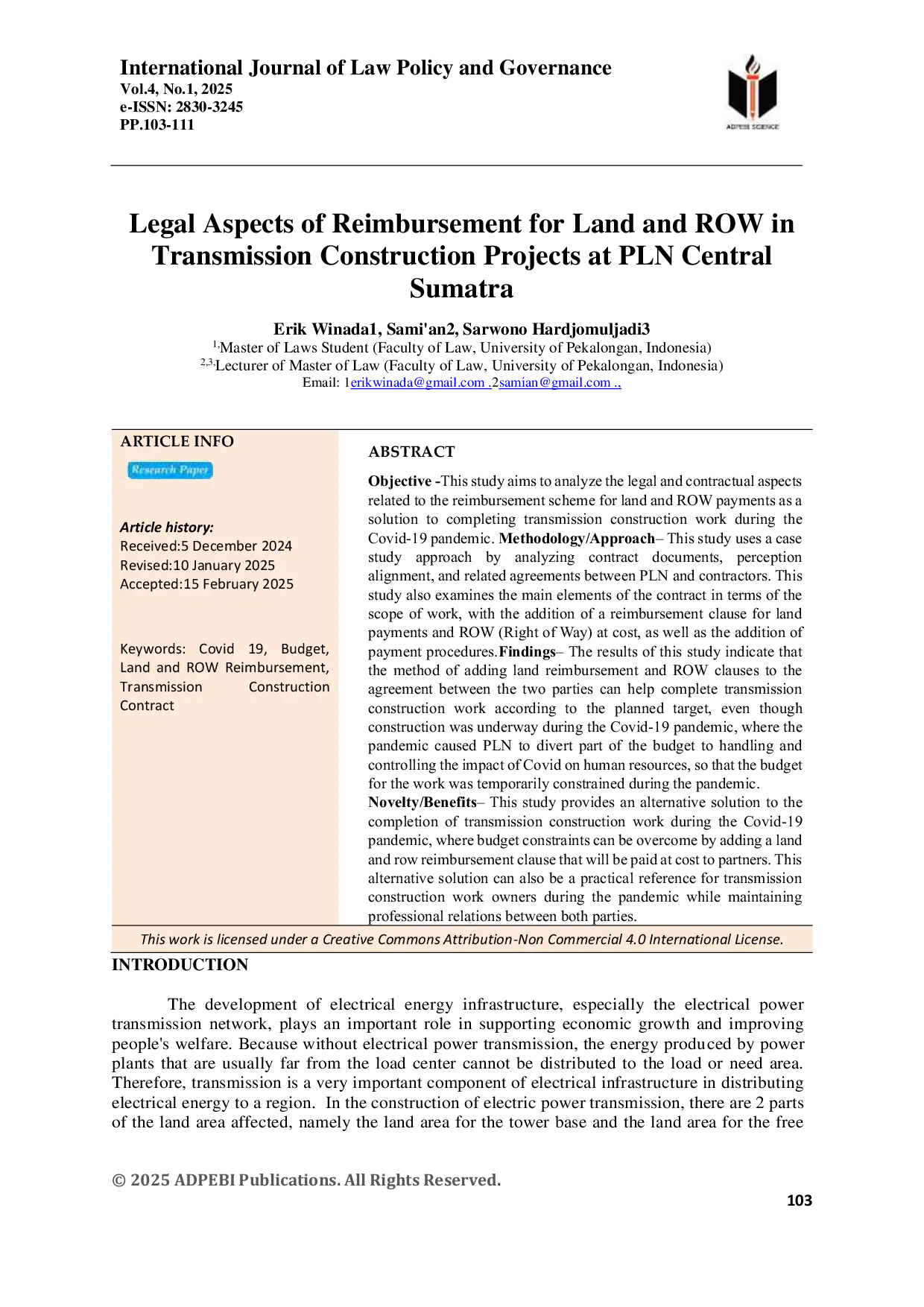 JURIS Legal Aspects of Reimbursement for Land and ROW in Transmission Construction Projects at PLN Central Sumatra