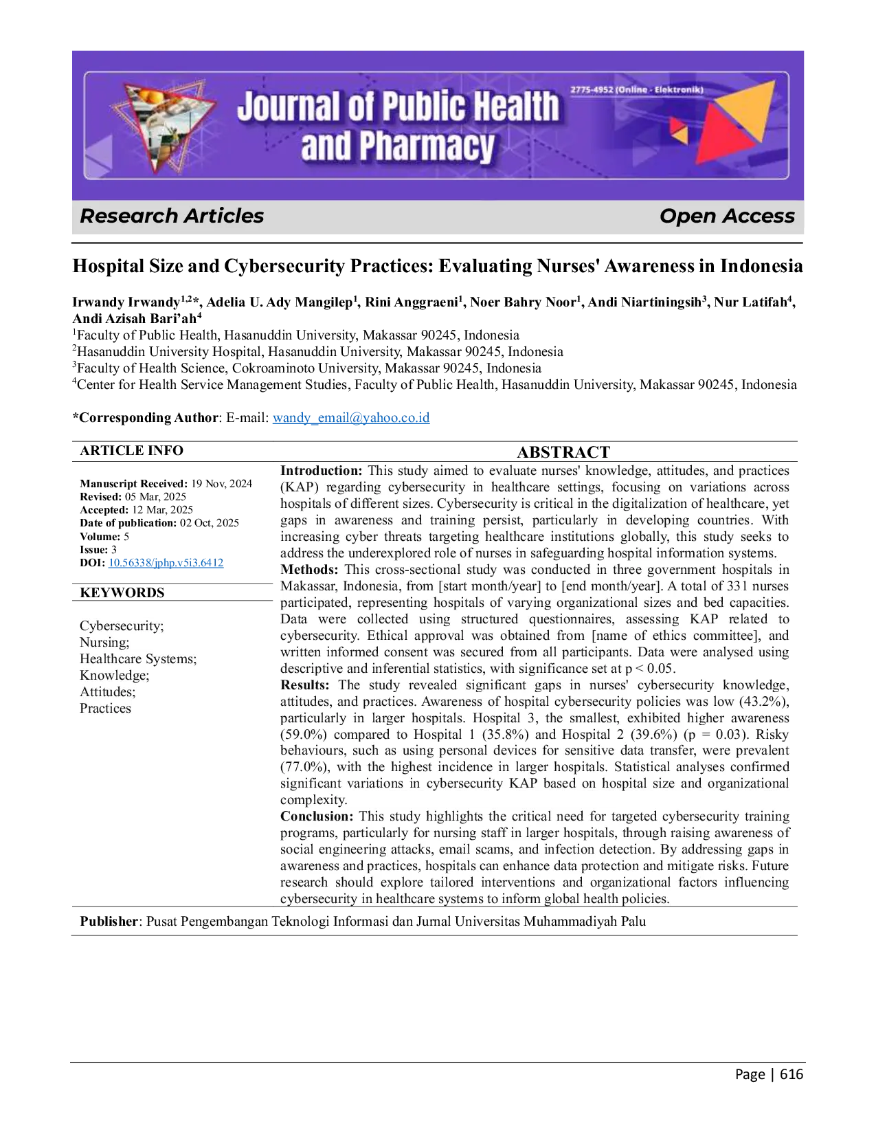 JURIS Hospital Size and Cybersecurity Practices Evaluating Nurses Awareness in Indonesia